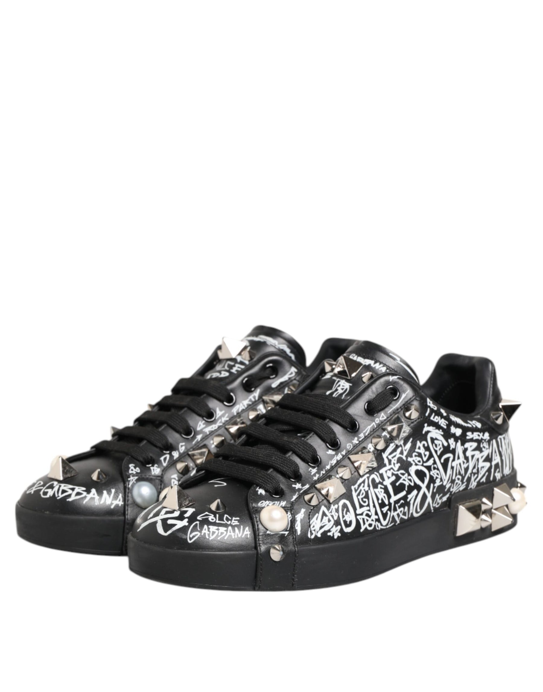Dolce & Gabbana Black Portofino Stud Embellished Sneakers Shoes | Regal Royce