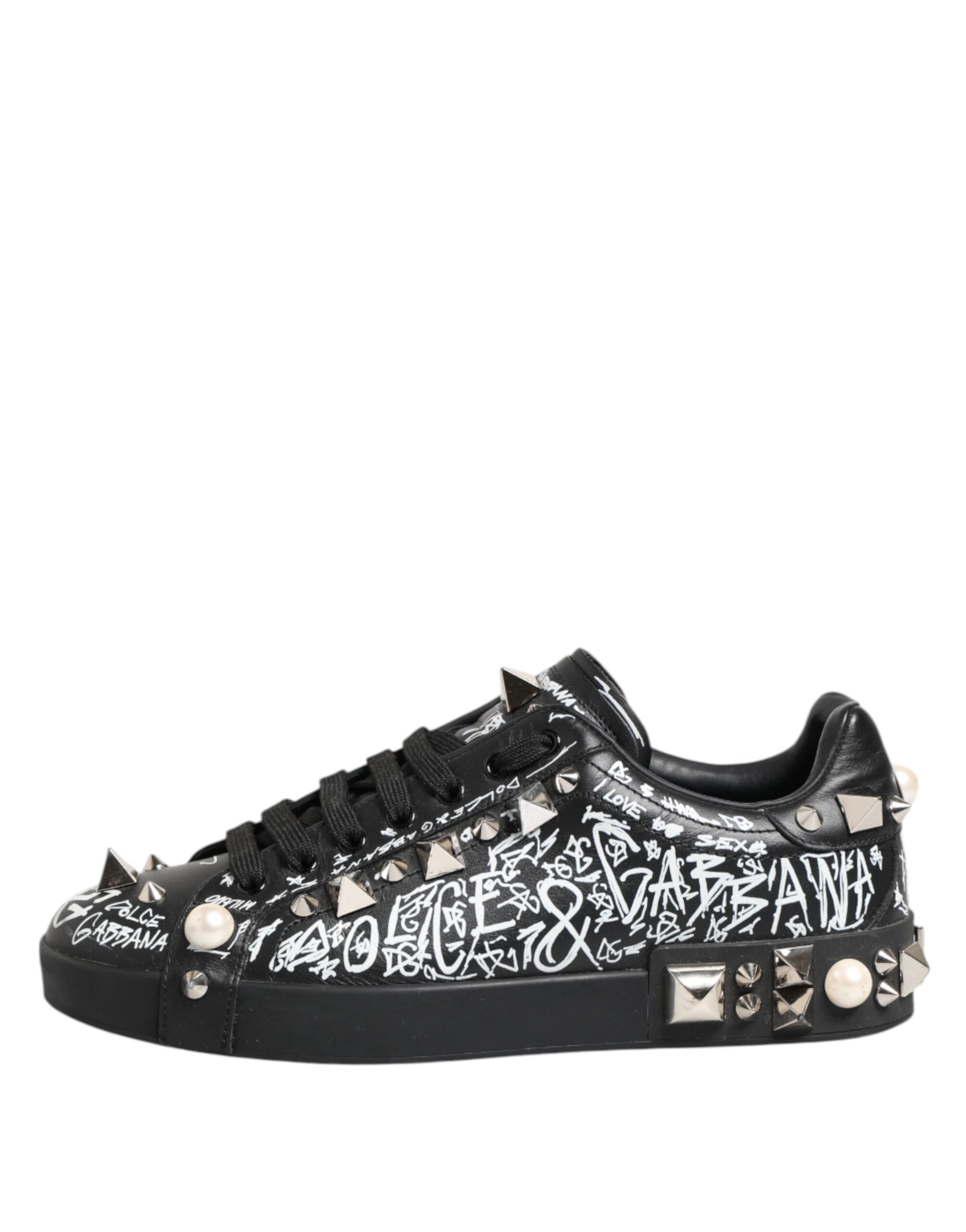 Dolce & Gabbana Black Portofino Stud Embellished Sneakers Shoes | Regal Royce