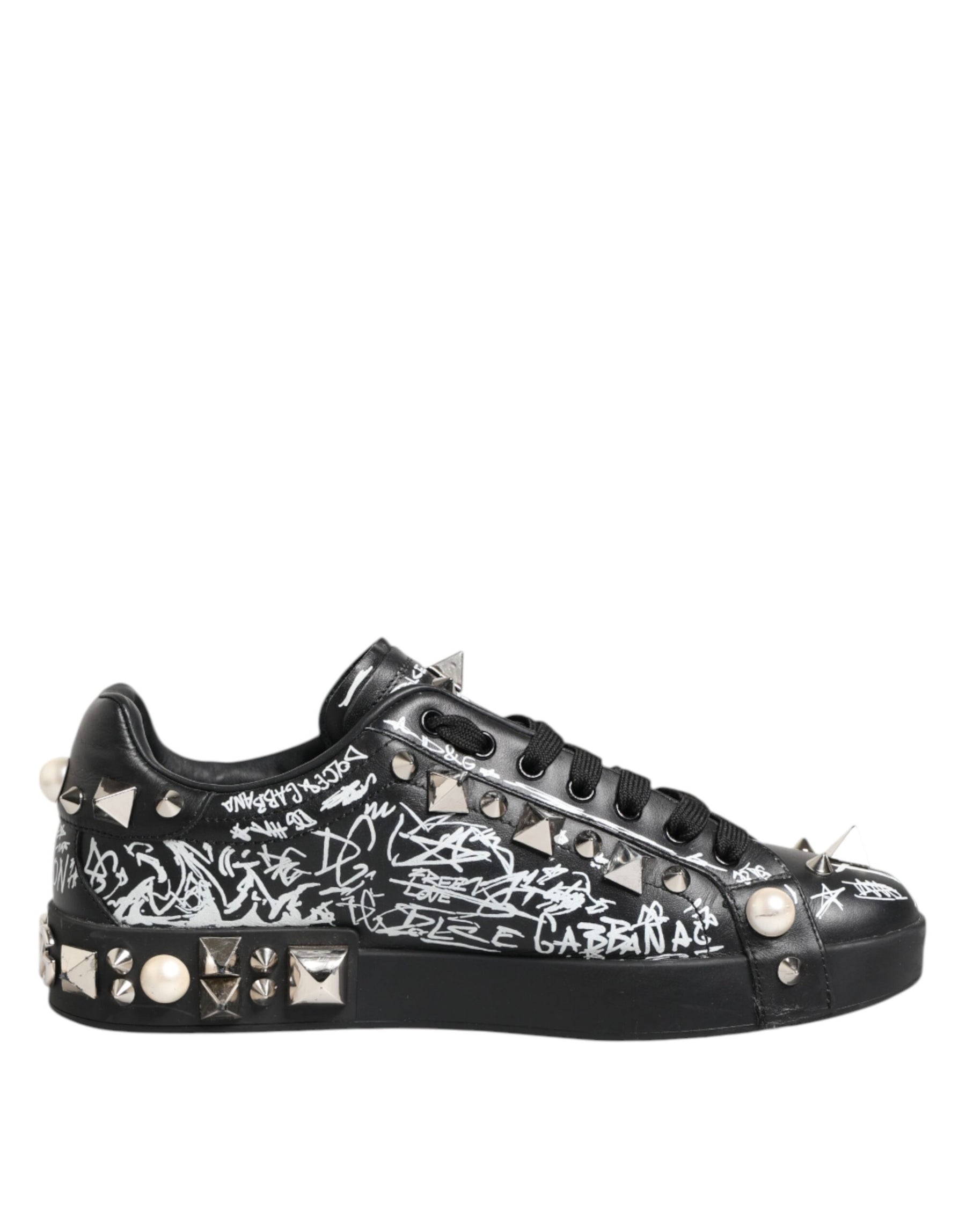 Dolce & Gabbana Black Portofino Stud Embellished Sneakers Shoes | Regal Royce