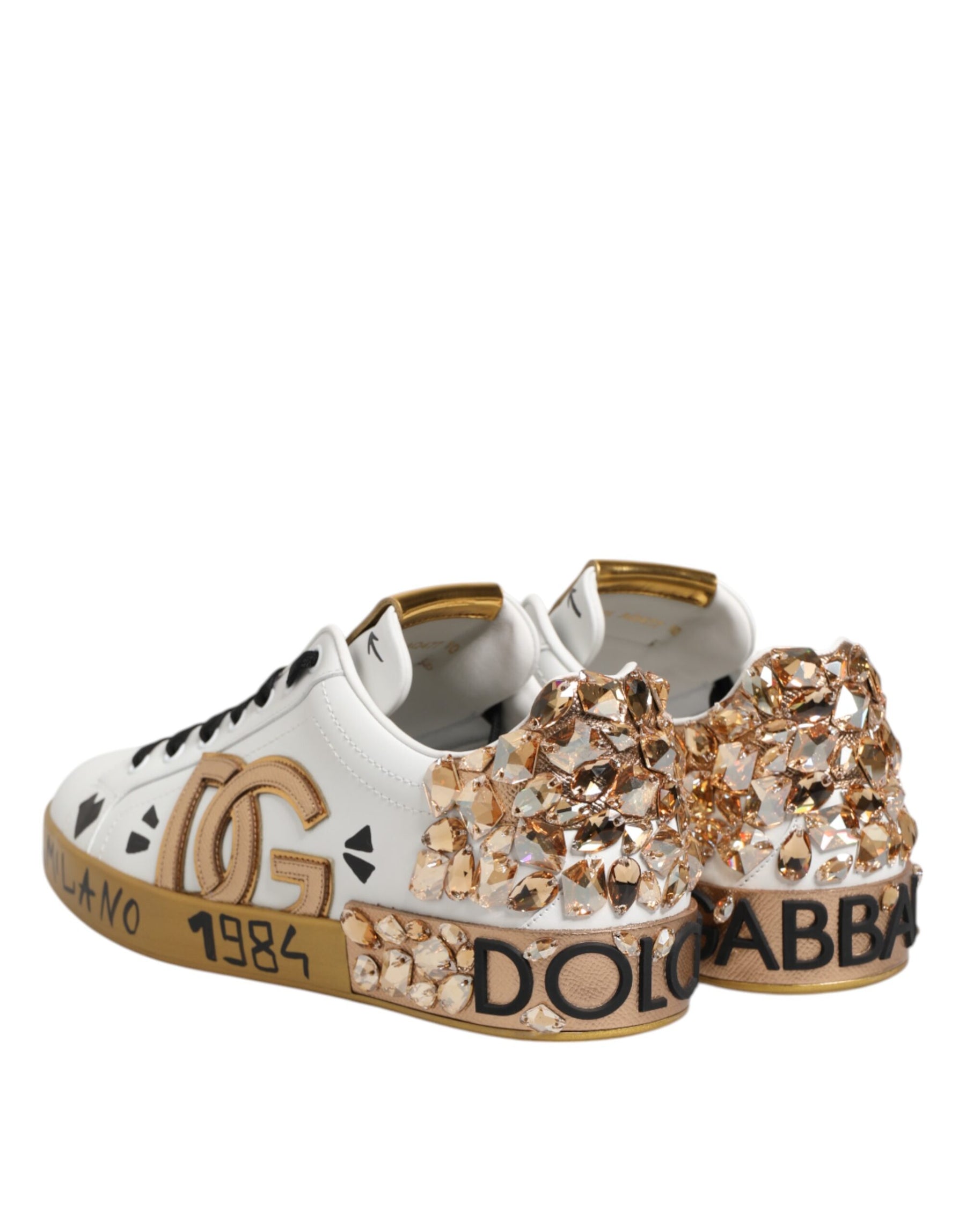 Dolce & Gabbana White Gold Crystal Portofino Sneakers Shoes | Regal Royce