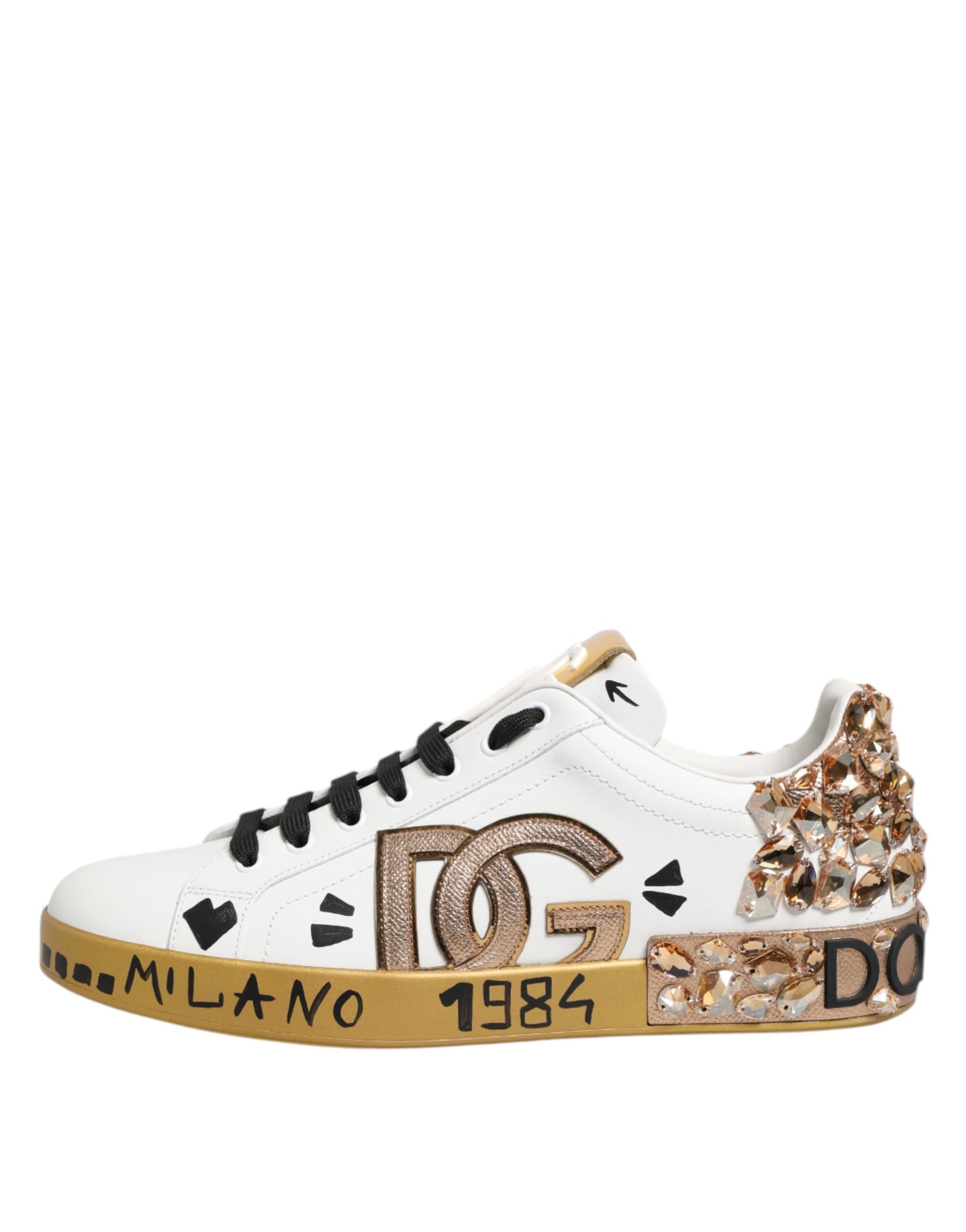 Dolce & Gabbana White Gold Crystal Portofino Sneakers Shoes | Regal Royce