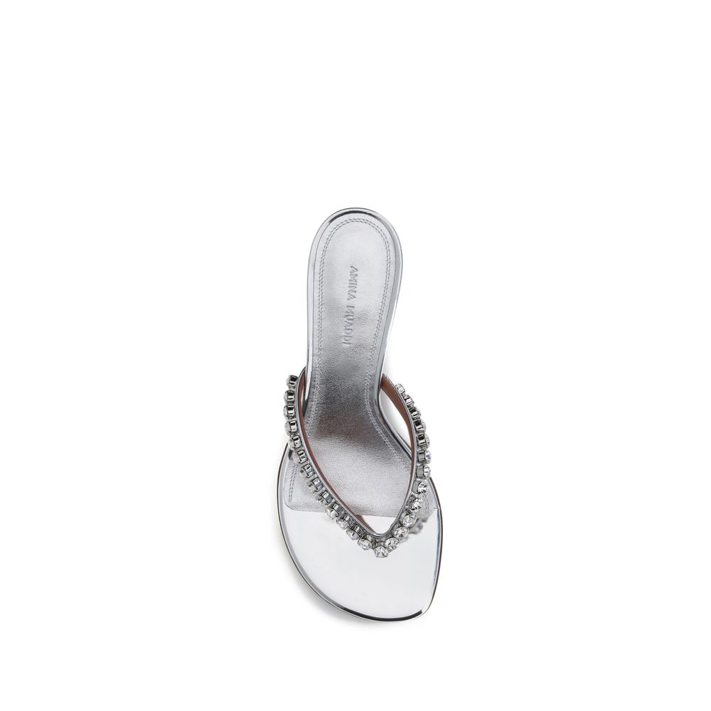 Amina Muaddi Silver Calf Leather Bos Taurus Stiletto Heel Sandals | Regal Royce