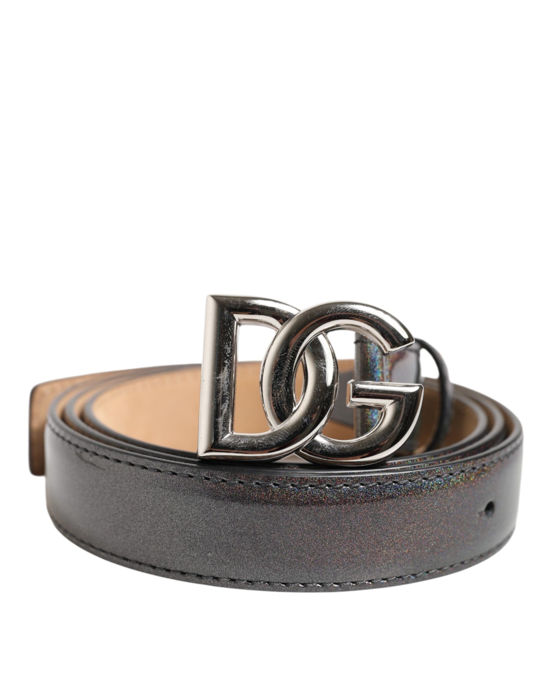 Dolce & Gabbana Metallic Leather Silver Tone Logo Buckle Belt | Regal Royce