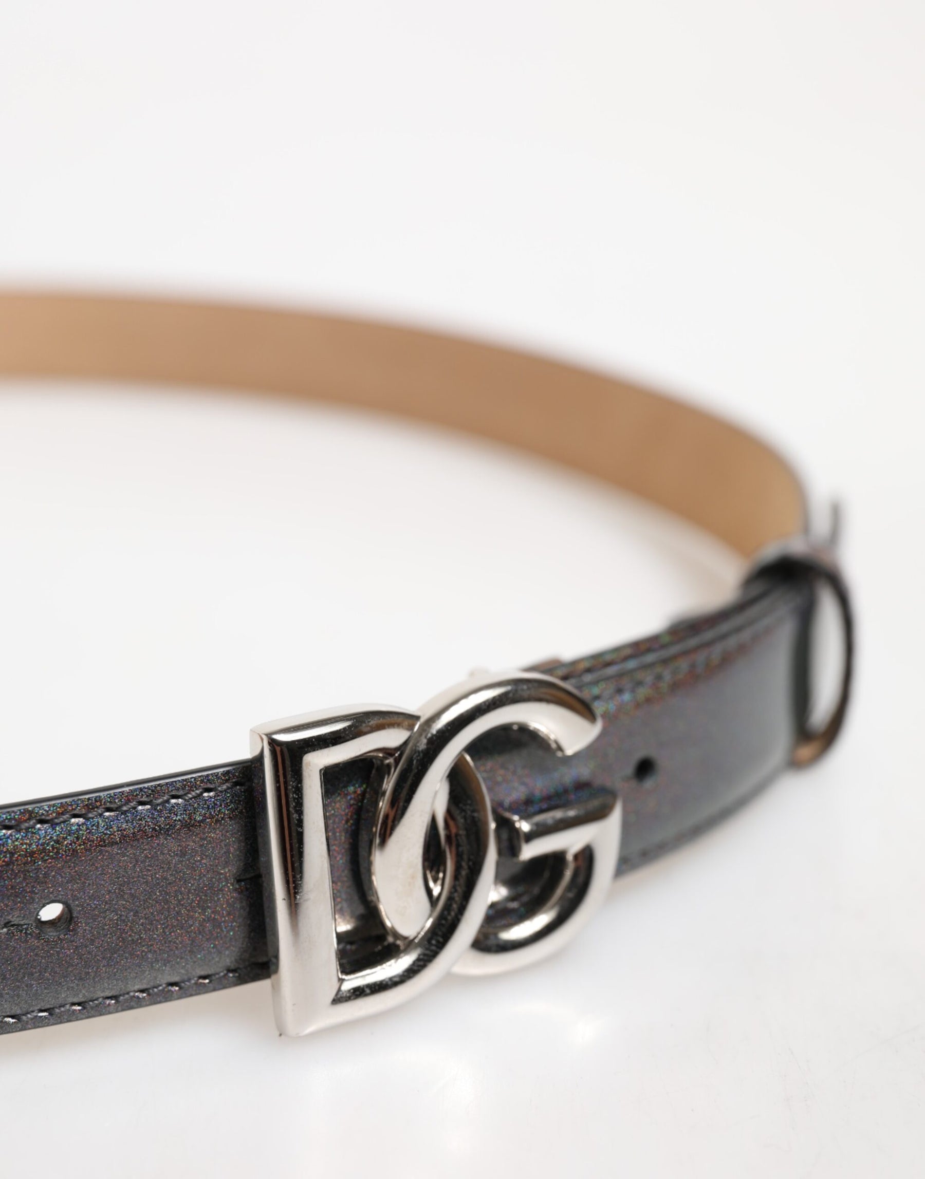 Dolce & Gabbana Metallic Leather Silver Tone Logo Buckle Belt | Regal Royce