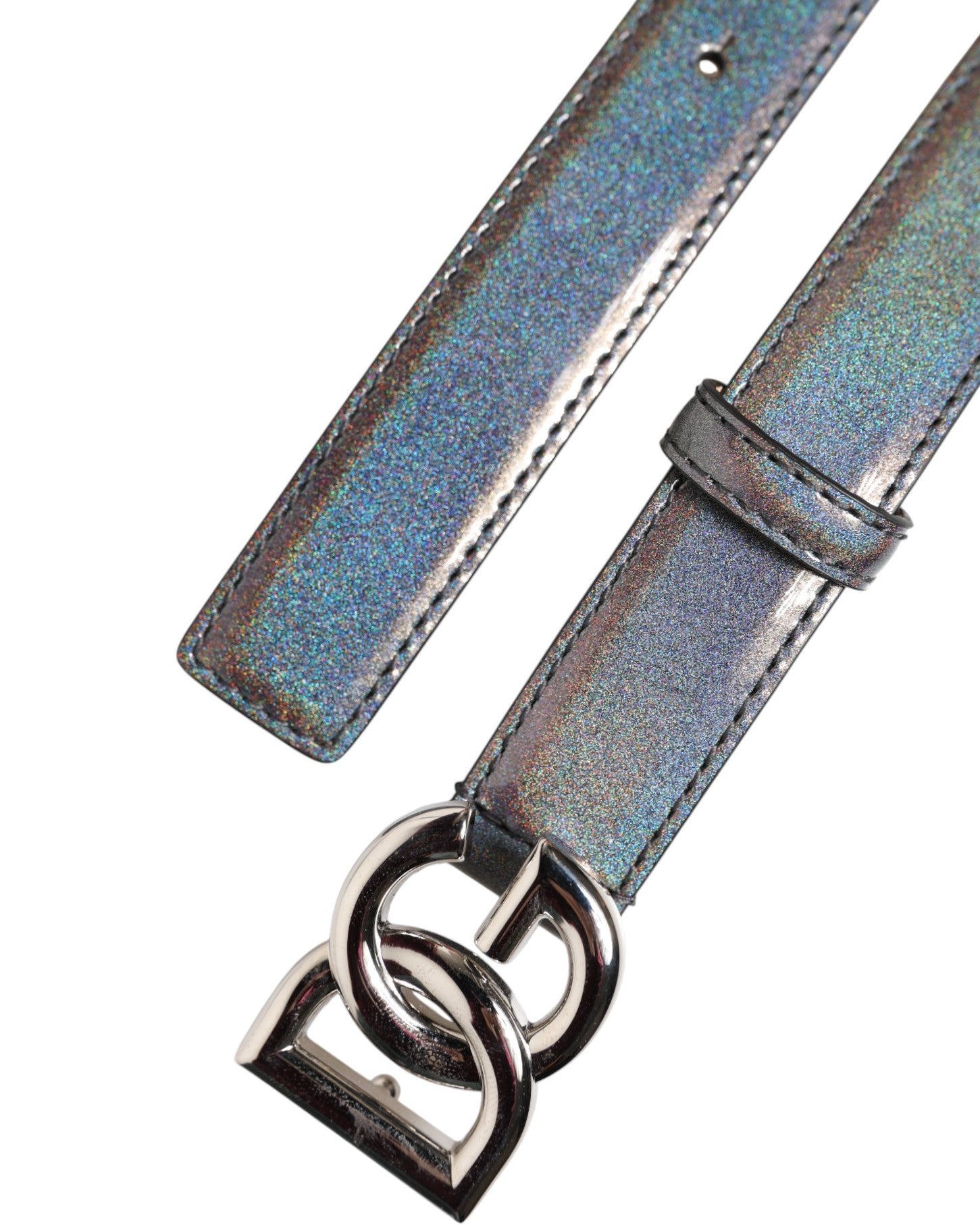 Dolce & Gabbana Metallic Leather Silver Tone Logo Buckle Belt | Regal Royce