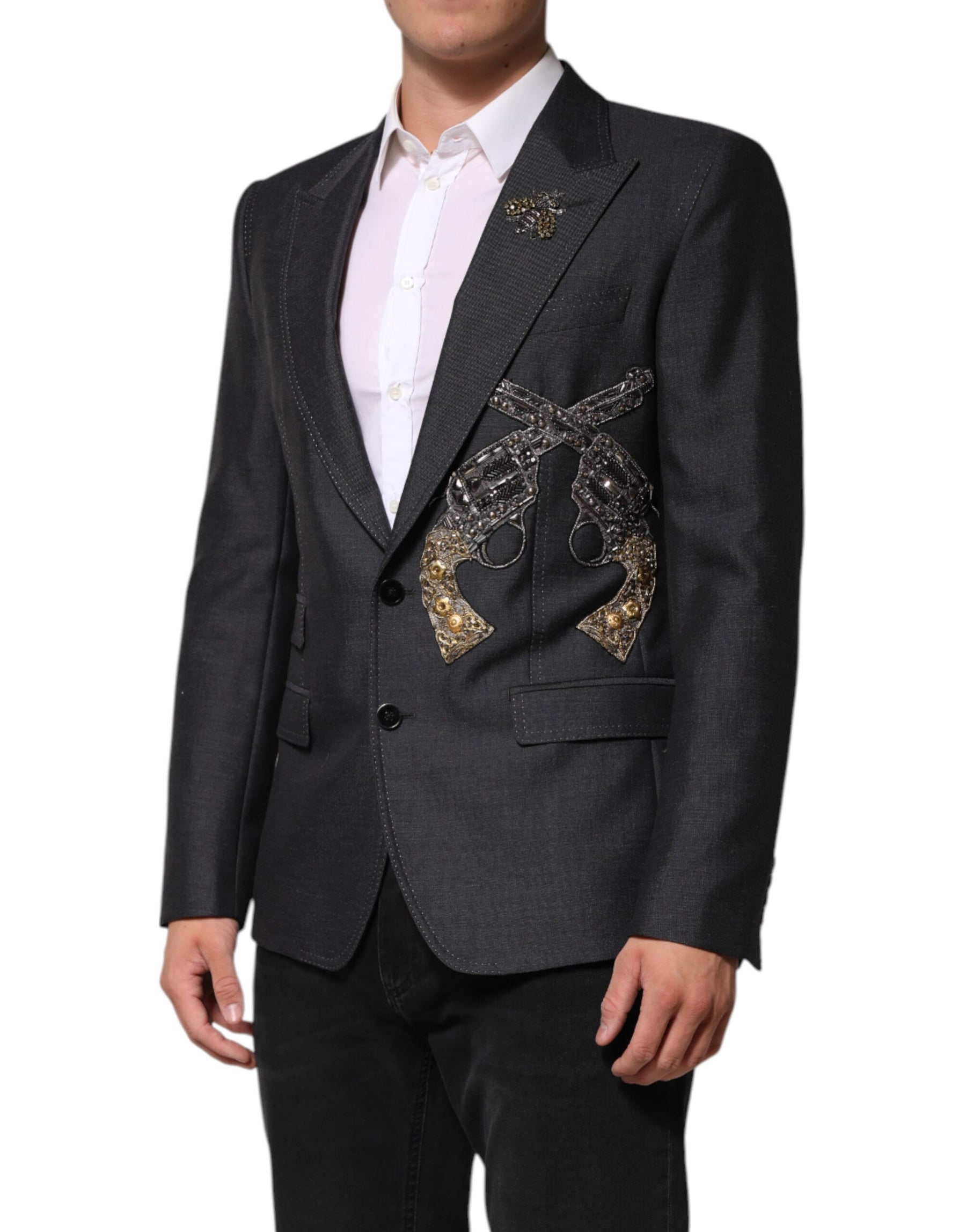 Dolce & Gabbana Dark Gray Bee Embroidery Wool Coat Blazer | Regal Royce