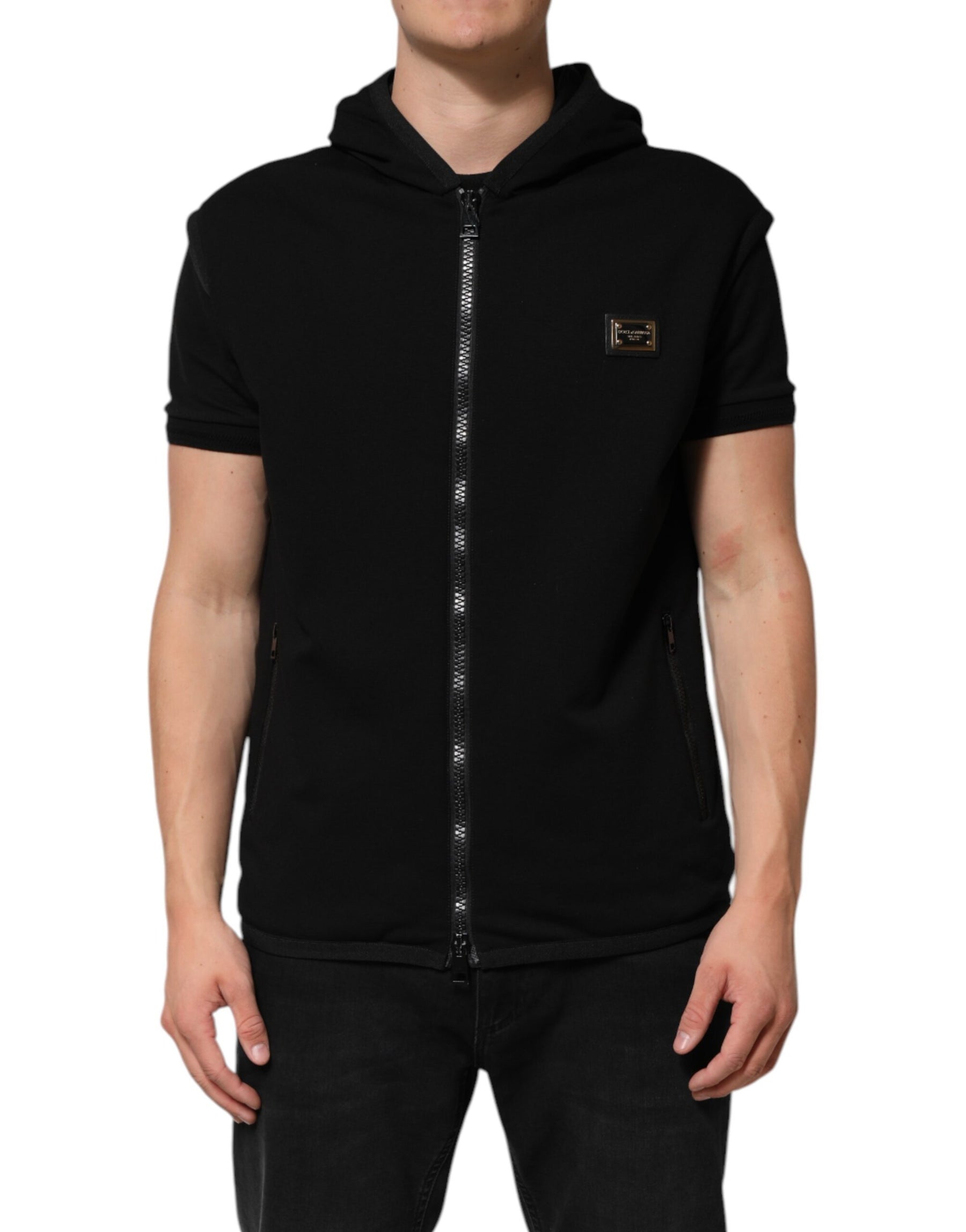 Dolce & Gabbana Black Sleeveless Hooded Logo Plaque Jacket | Regal Royce