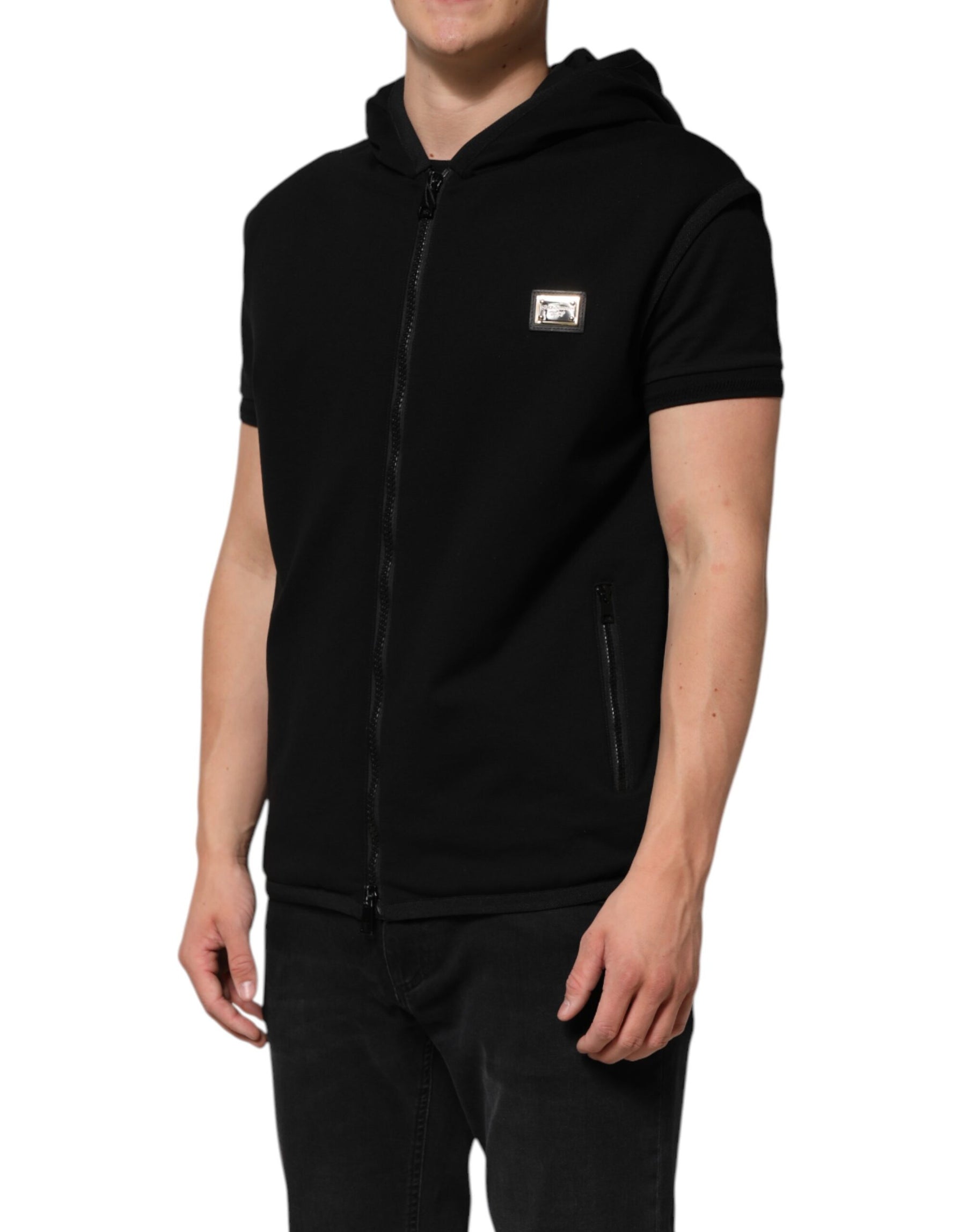 Dolce & Gabbana Black Sleeveless Hooded Logo Plaque Jacket | Regal Royce