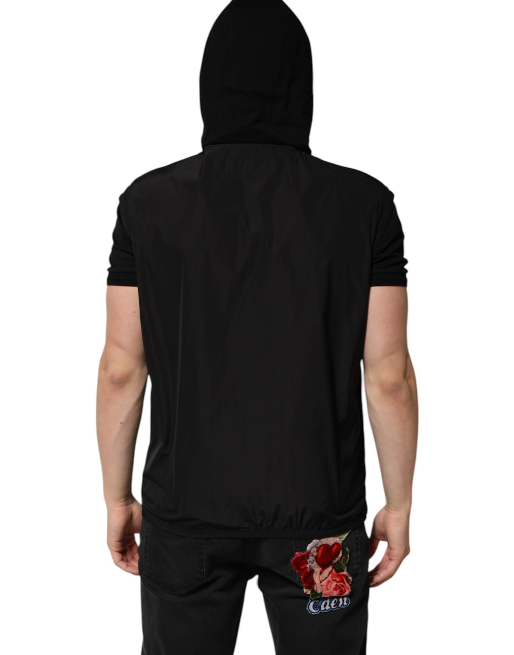 Dolce & Gabbana Black Sleeveless Hooded Logo Plaque Jacket