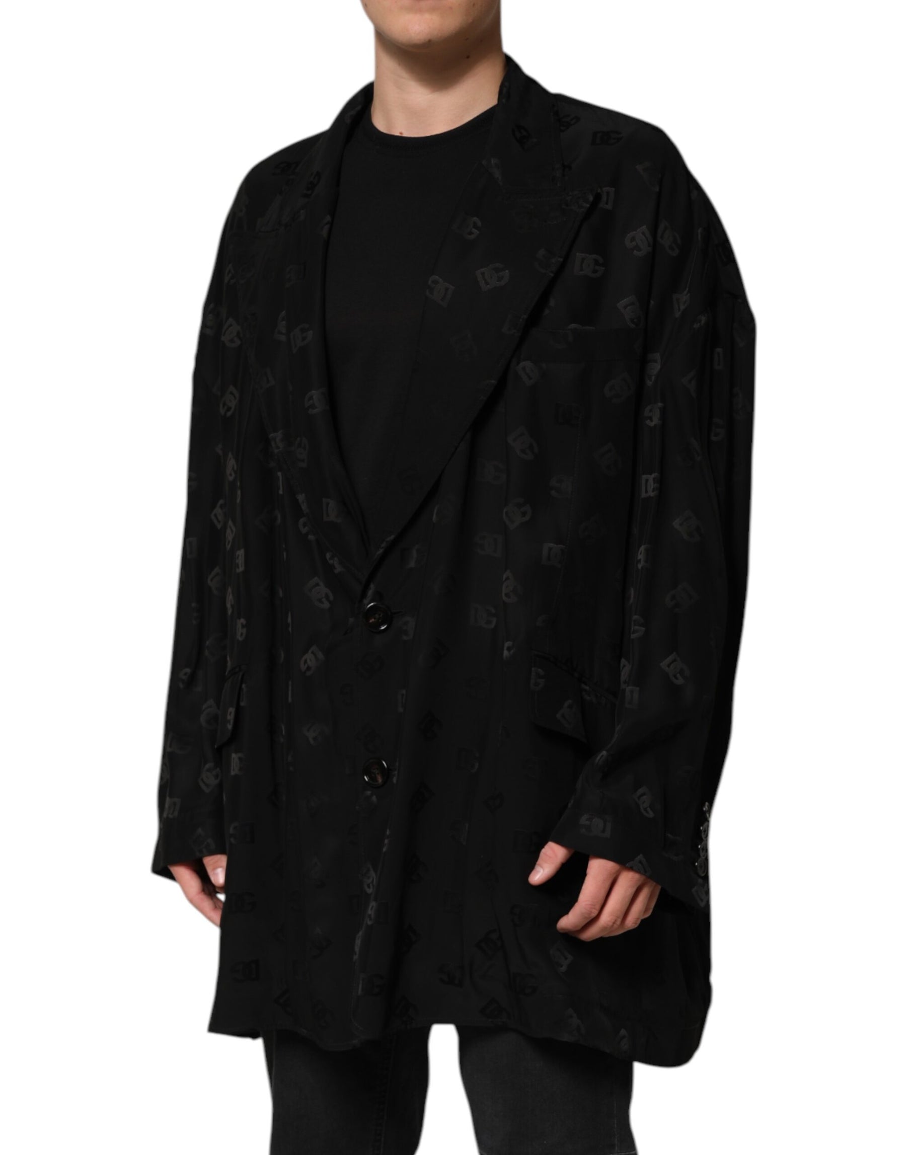 Dolce & Gabbana Black Polyester Logo Monogram Coat Jacket | Regal Royce