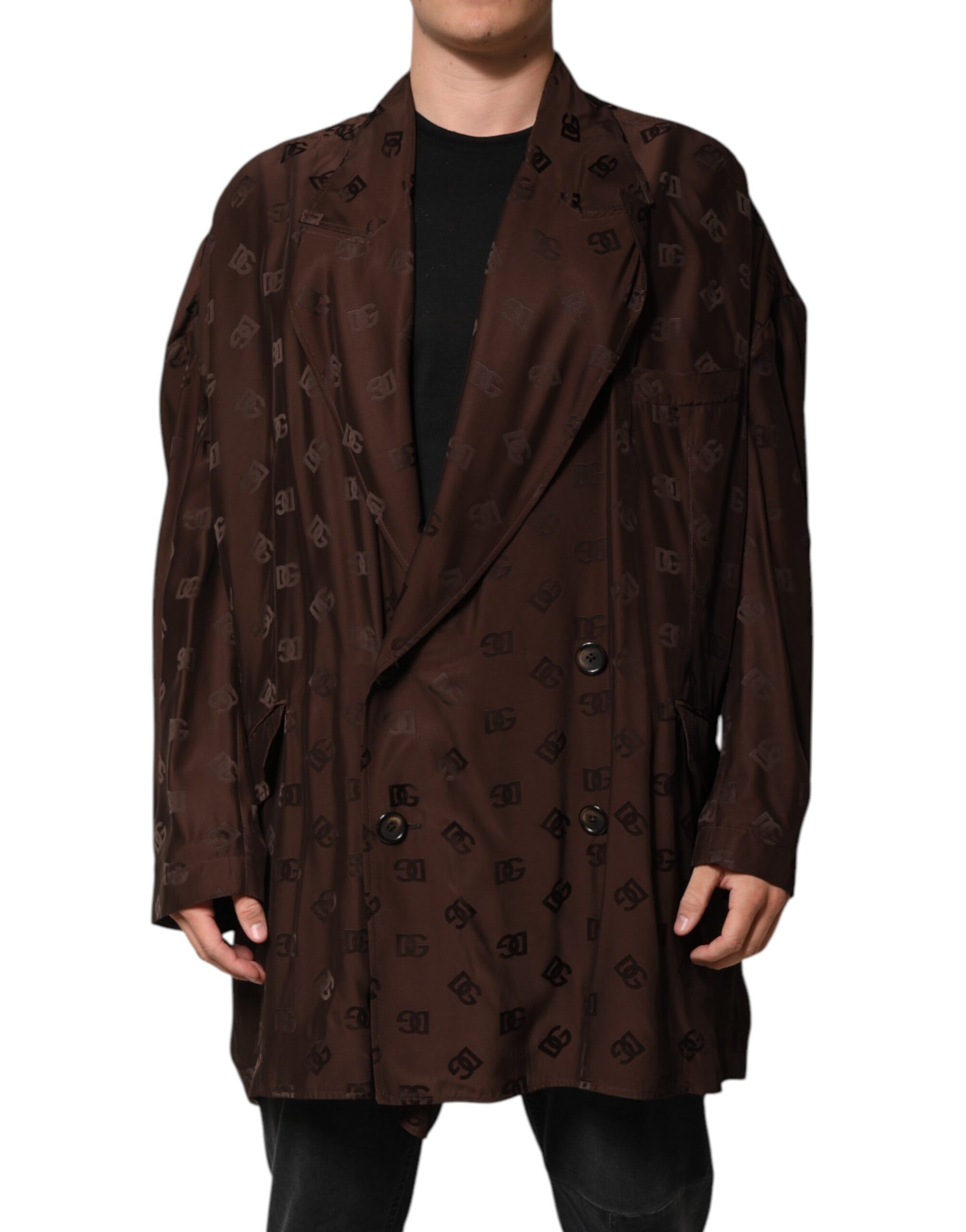 Dolce & Gabbana Brown Polyester Logo Monogram Coat Jacket | Regal Royce