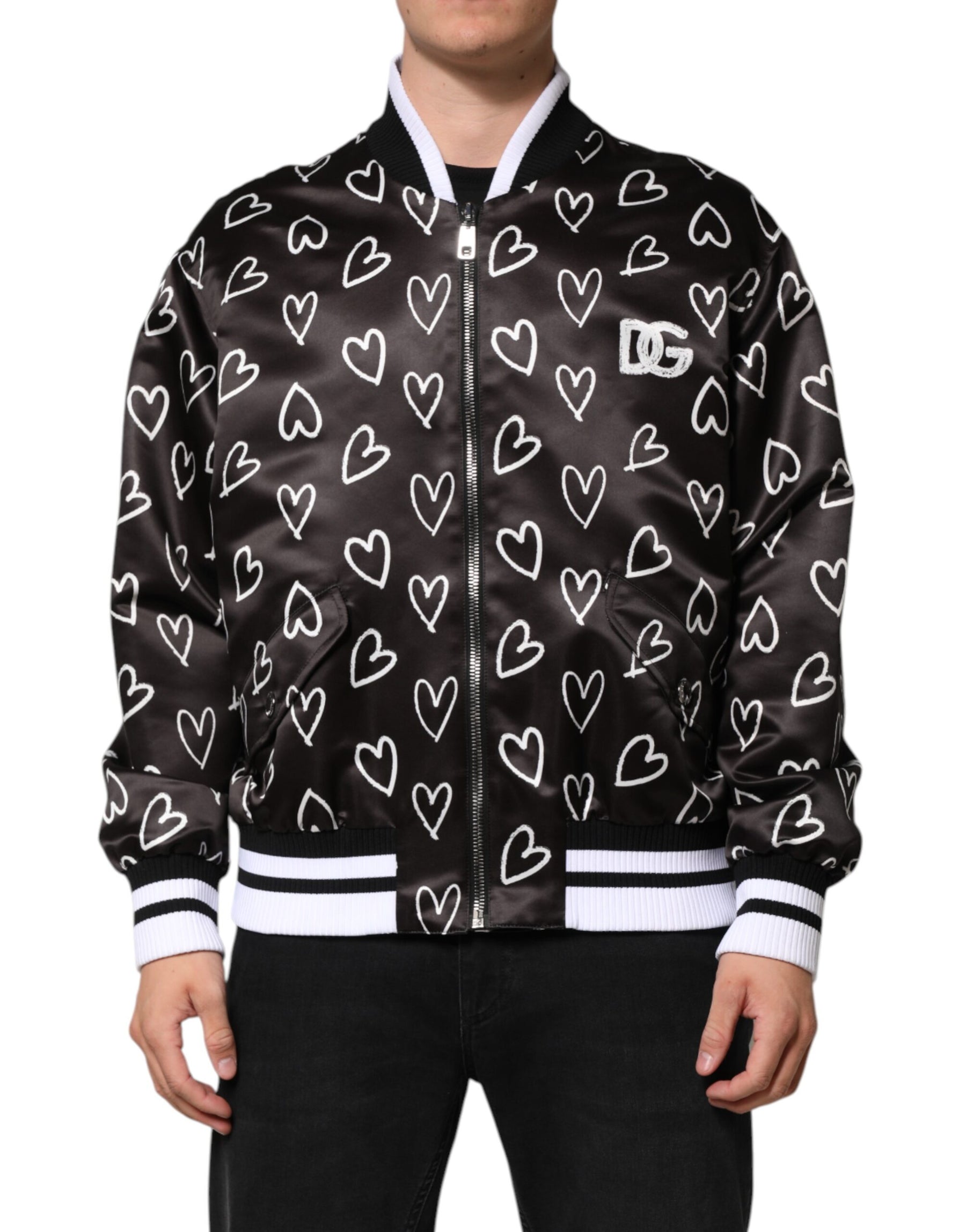 Dolce & Gabbana Black Polyester Heart Print Bomber Jacket | Regal Royce