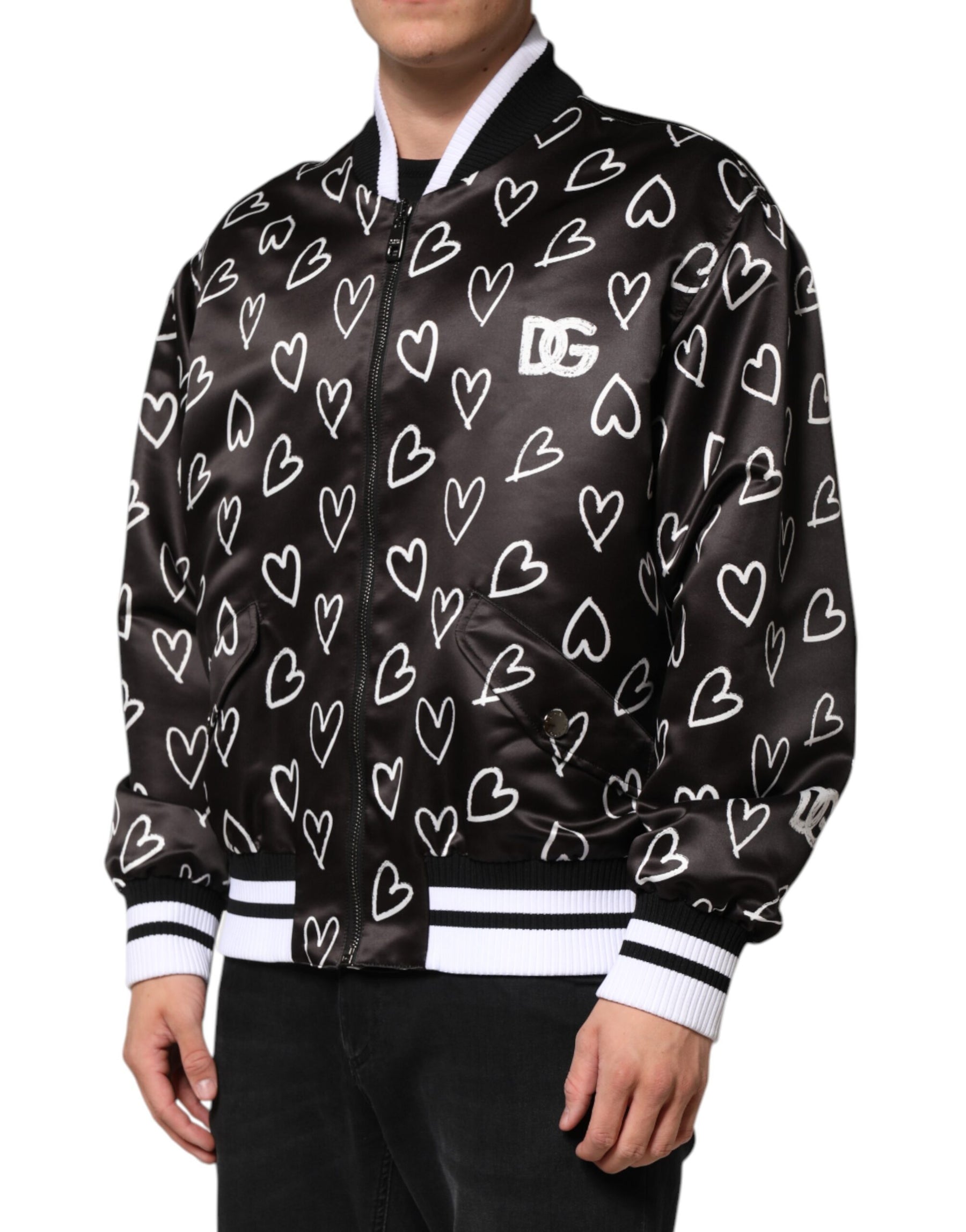 Dolce & Gabbana Black Polyester Heart Print Bomber Jacket | Regal Royce