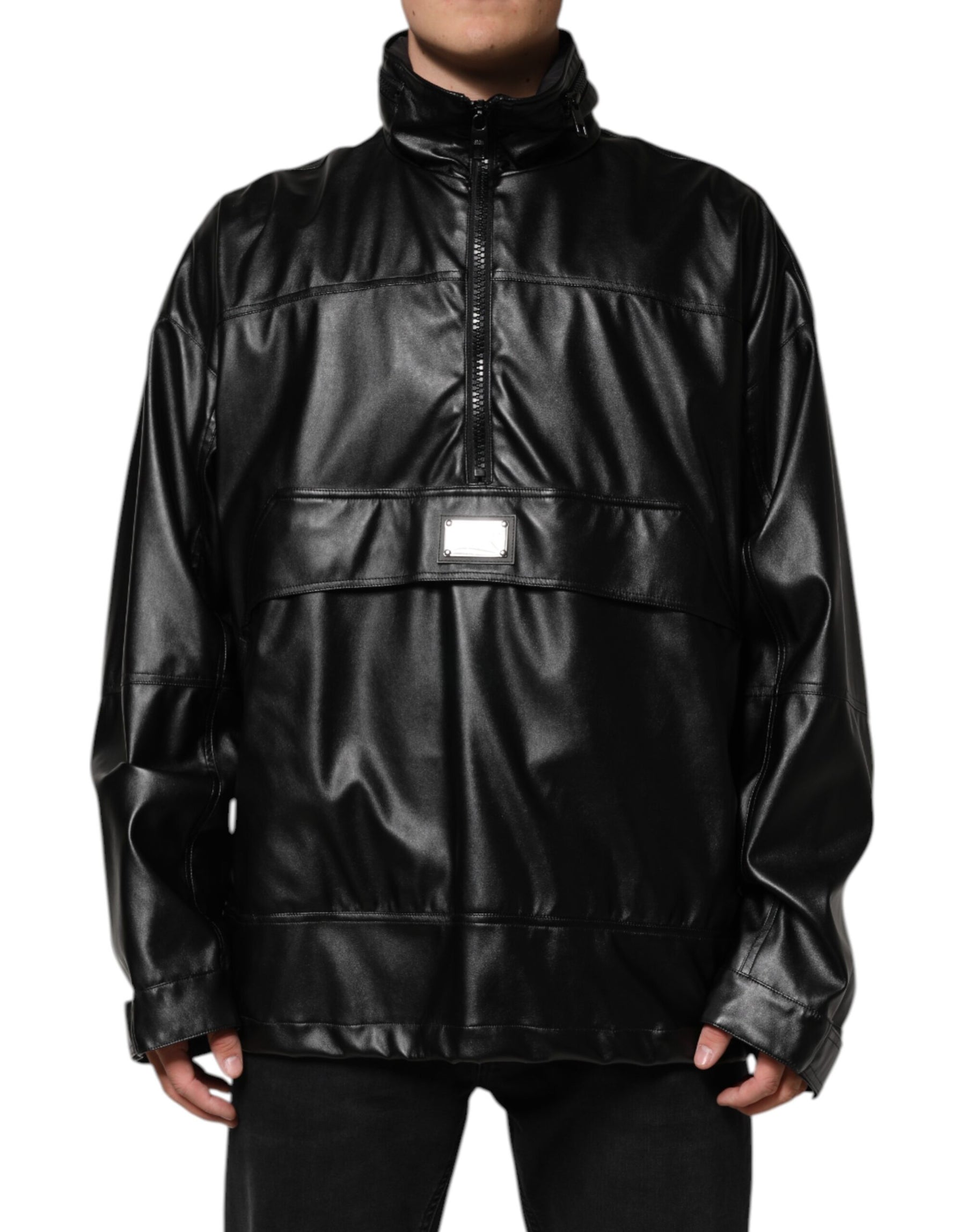 Dolce & Gabbana Black Polyester Logo Plaque Bomber Jacket | Regal Royce