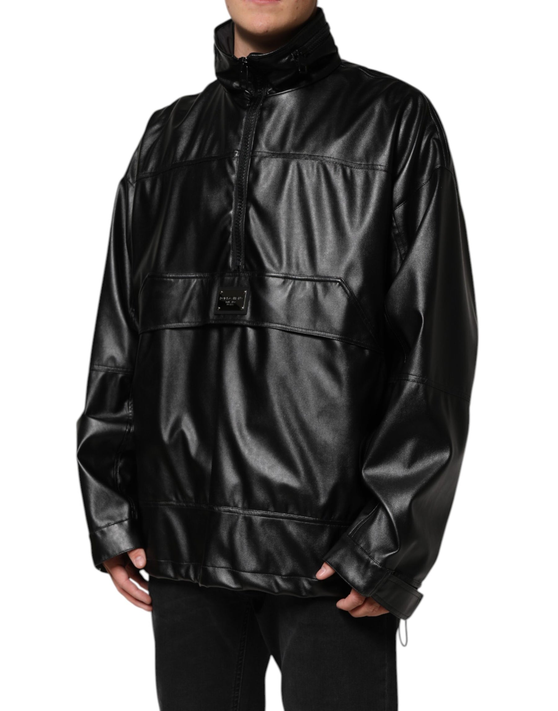 Dolce & Gabbana Black Polyester Logo Plaque Bomber Jacket | Regal Royce