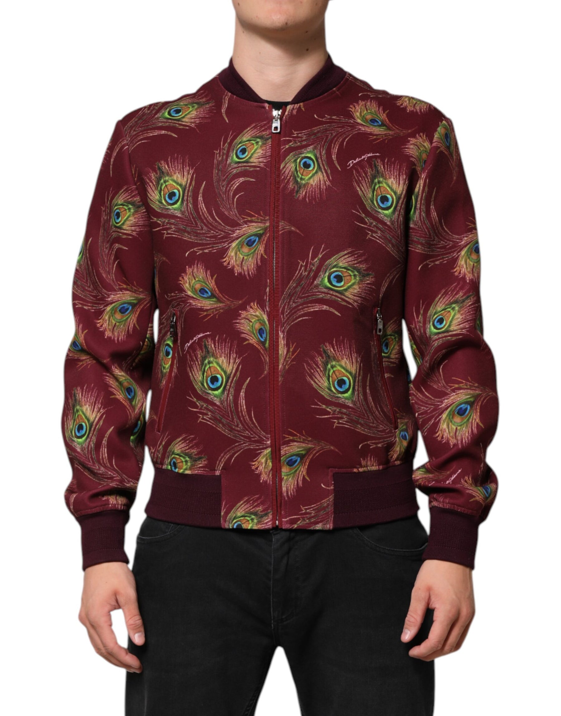 Dolce & Gabbana Maroon Peacock Feather Print Bomber Jacket | Regal Royce