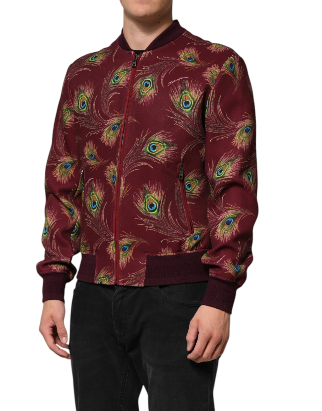 Dolce & Gabbana Maroon Peacock Feather Print Bomber Jacket