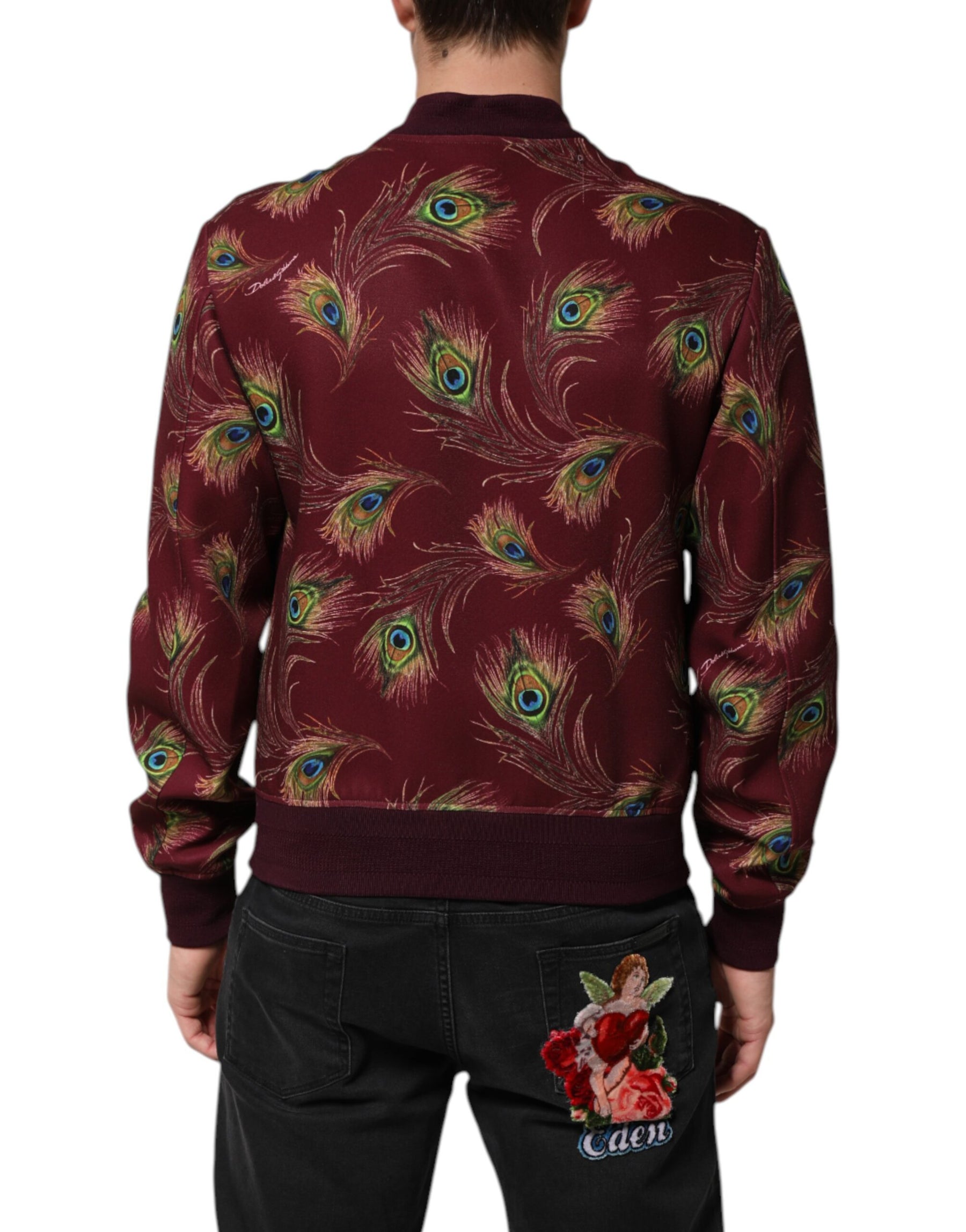 Dolce & Gabbana Maroon Peacock Feather Print Bomber Jacket | Regal Royce