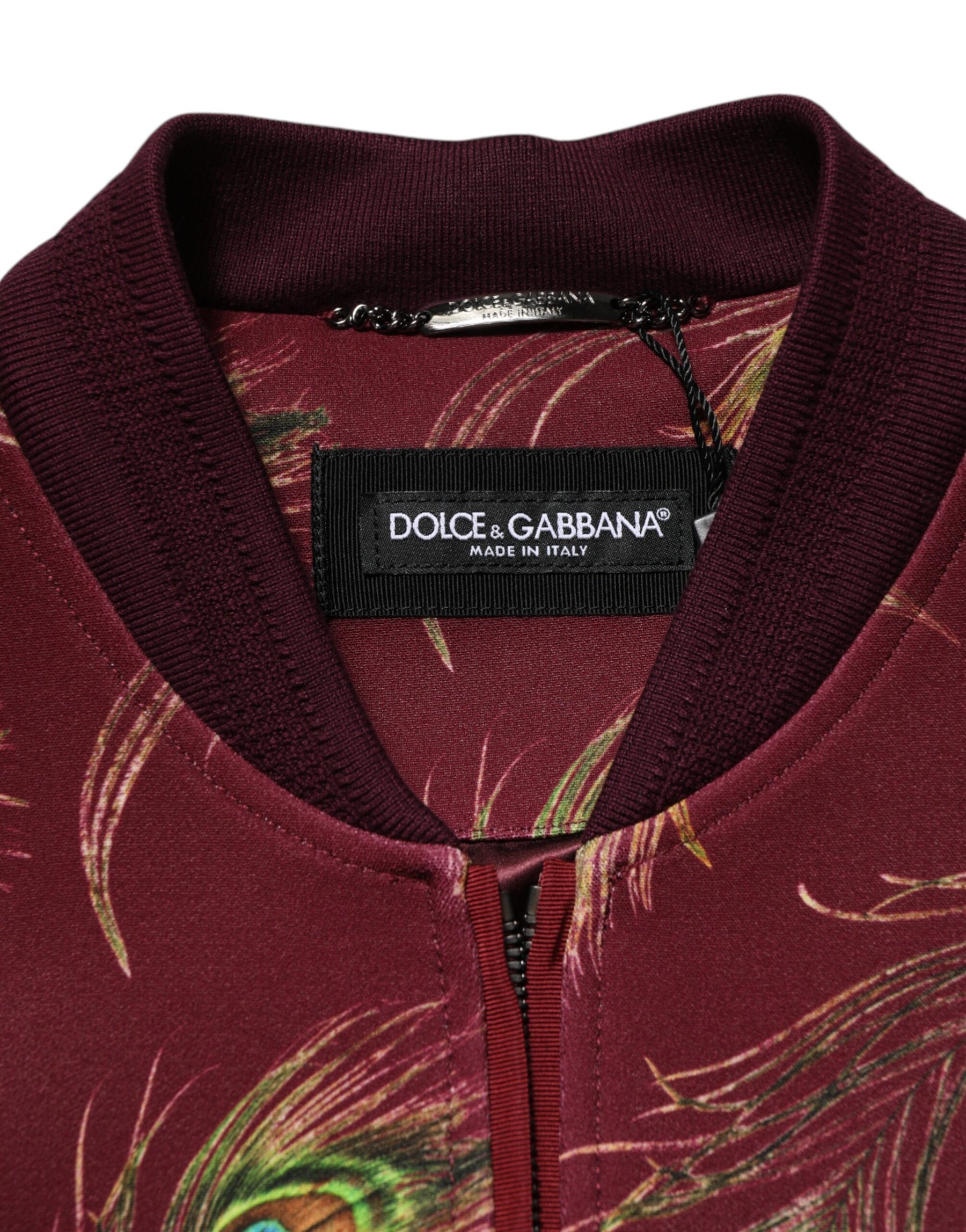 Dolce & Gabbana Maroon Peacock Feather Print Bomber Jacket | Regal Royce