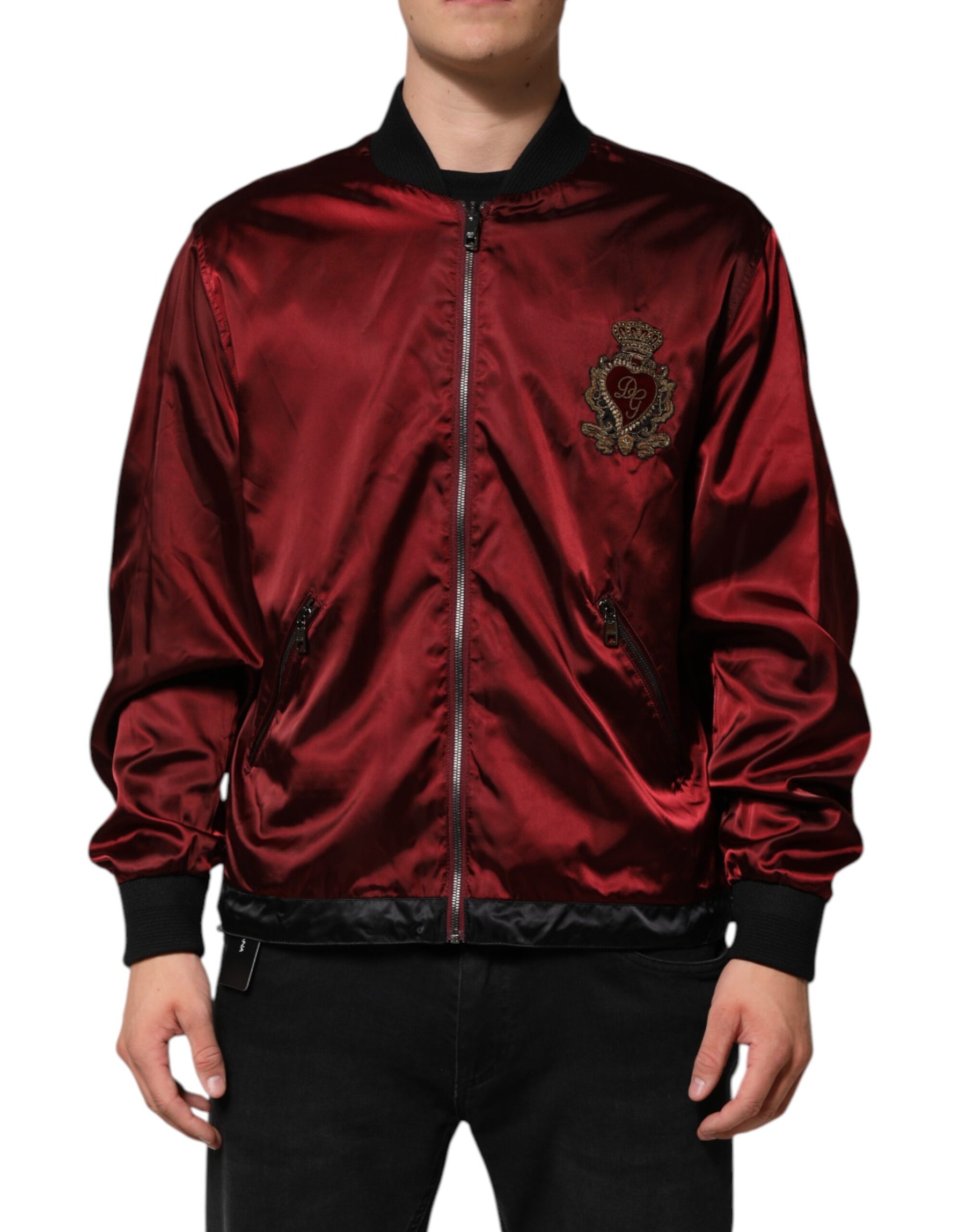 Dolce & Gabbana Maroon Nylon DG Crown Embroidery Jacket | Regal Royce