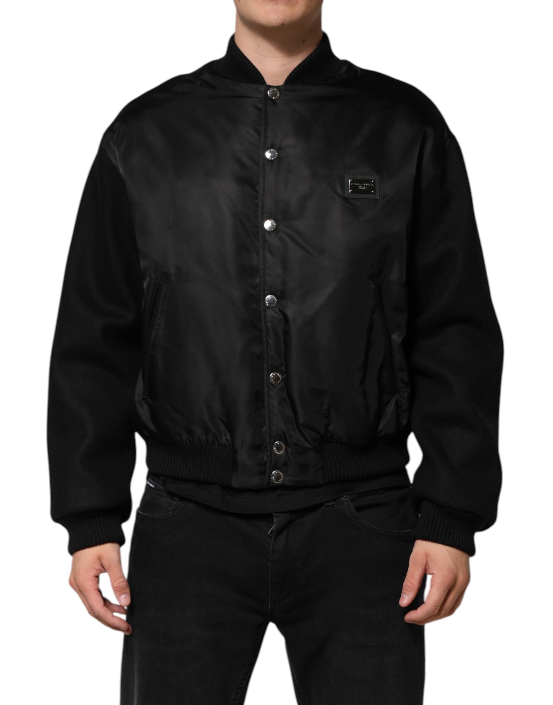 Dolce & Gabbana Black Polyester Logo Plaque Bomber Jacket | Regal Royce