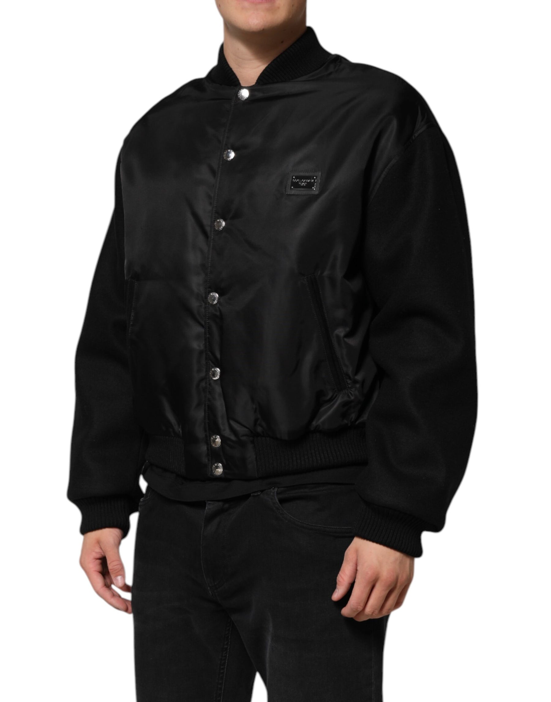 Dolce & Gabbana Black Polyester Logo Plaque Bomber Jacket | Regal Royce