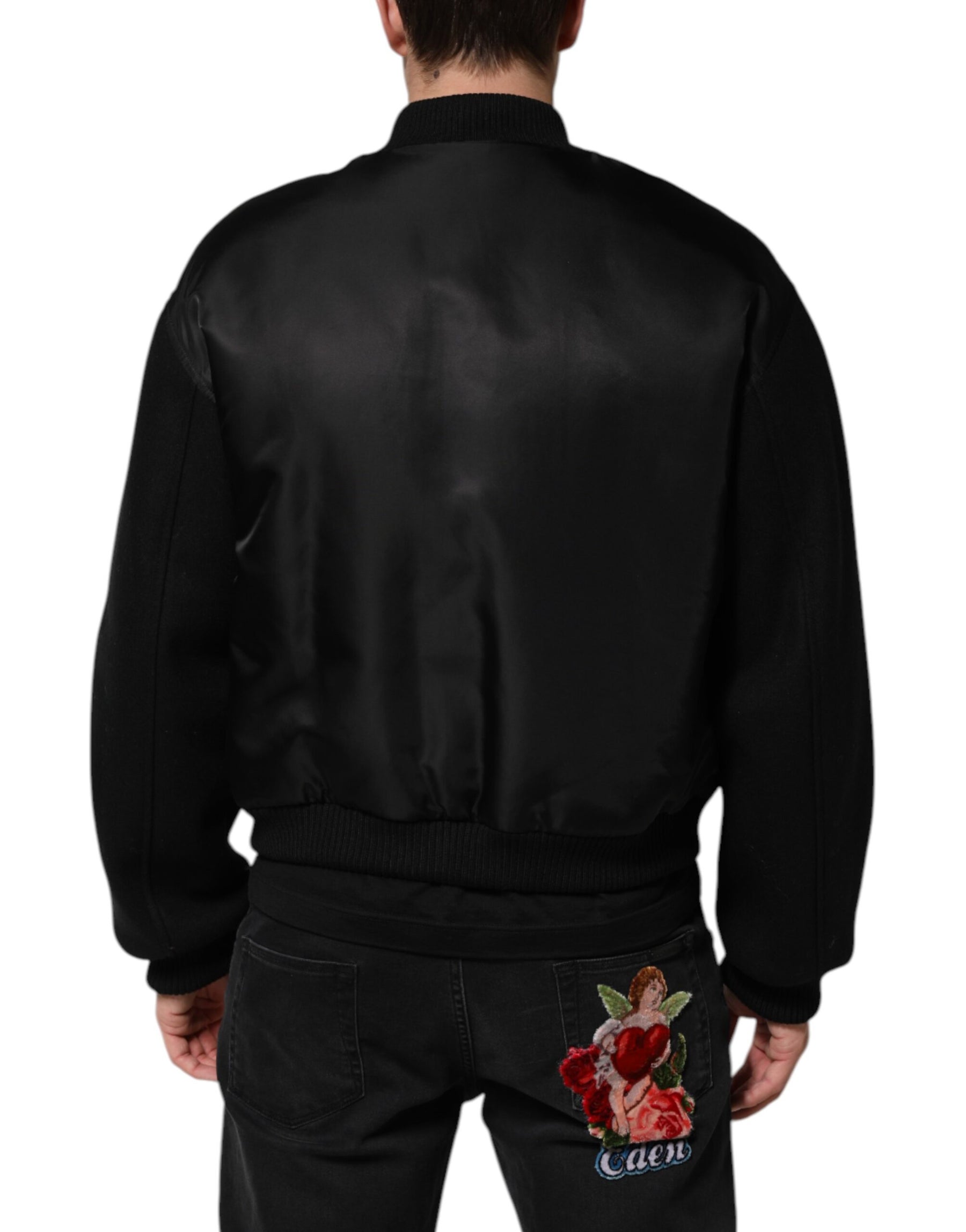 Dolce & Gabbana Black Polyester Logo Plaque Bomber Jacket | Regal Royce