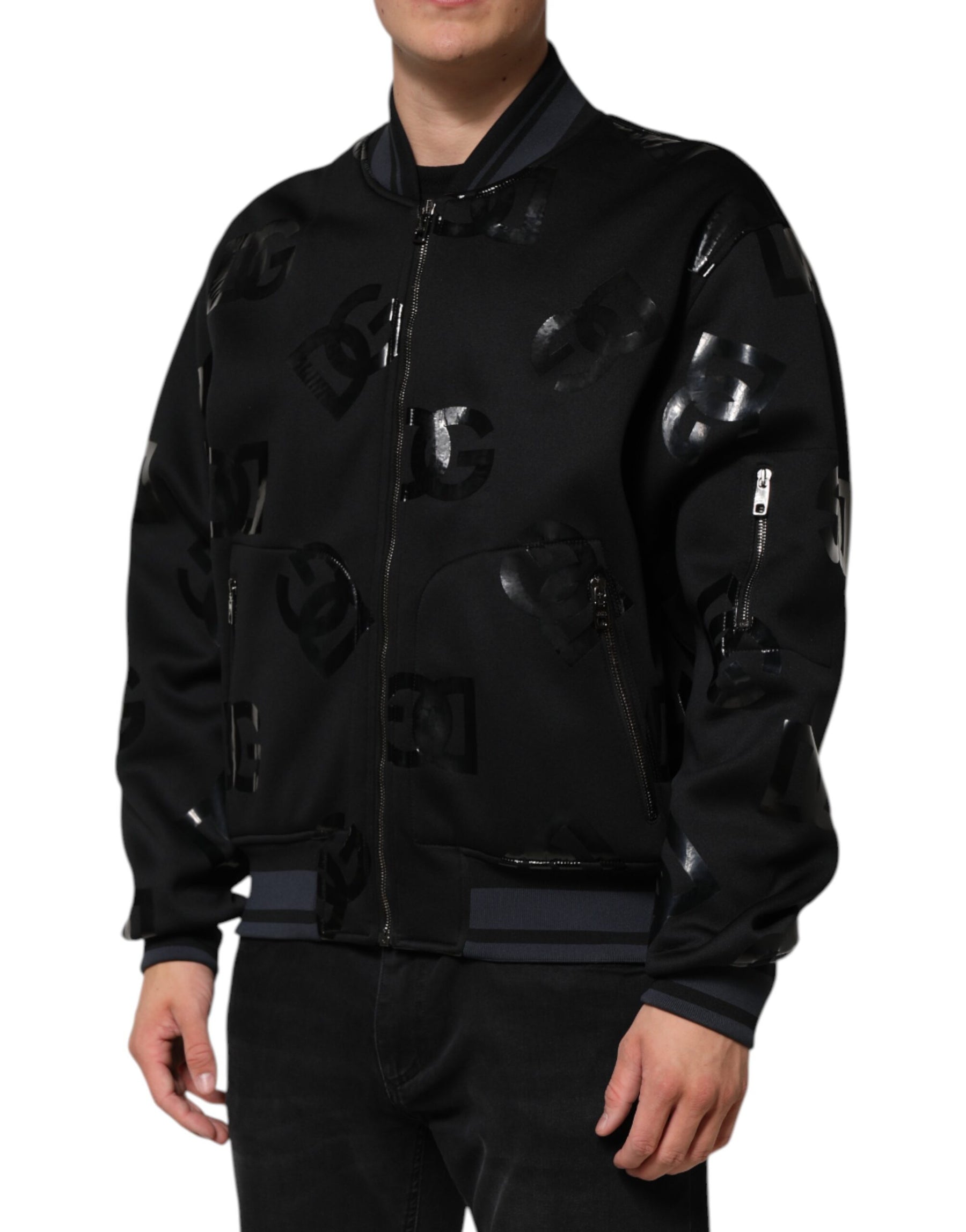 Dolce & Gabbana Black Wool Logo DG Mania Men Bomber Jacket | Regal Royce
