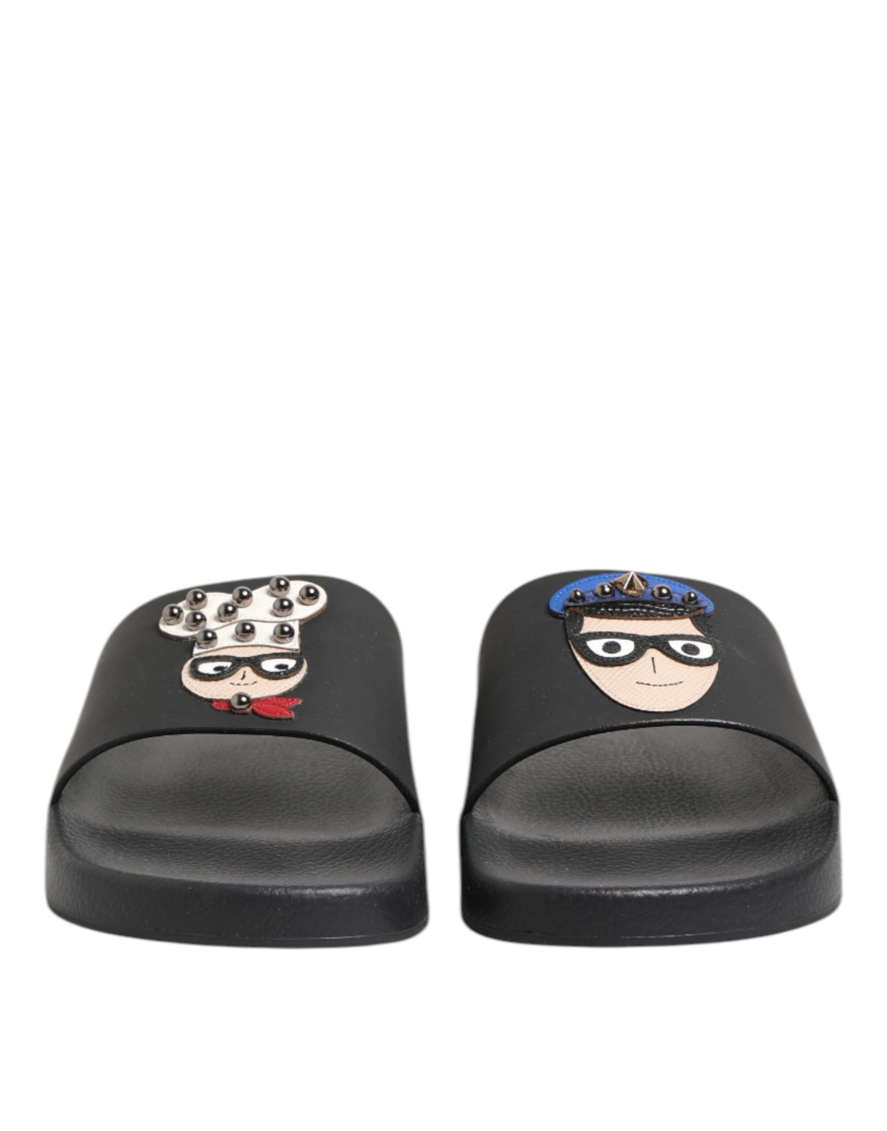 Dolce & Gabbana Black Leather Slides Flats Beachwear Shoes | Regal Royce