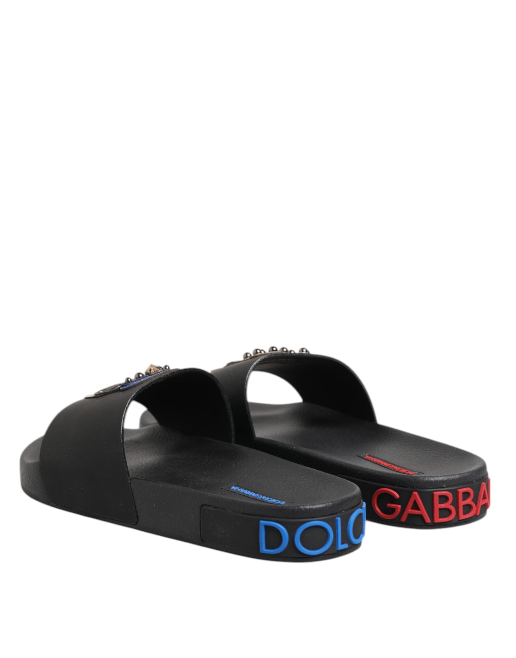 Dolce & Gabbana Black Leather Slides Flats Beachwear Shoes | Regal Royce