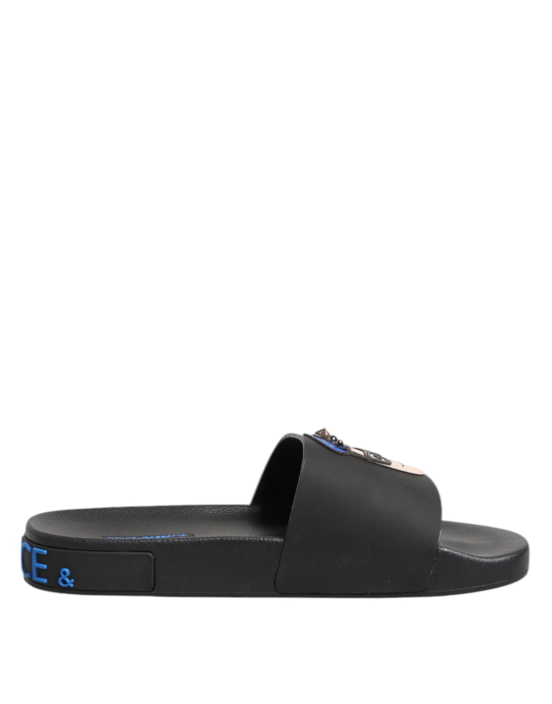 Dolce & Gabbana Black Leather Slides Flats Beachwear Shoes | Regal Royce