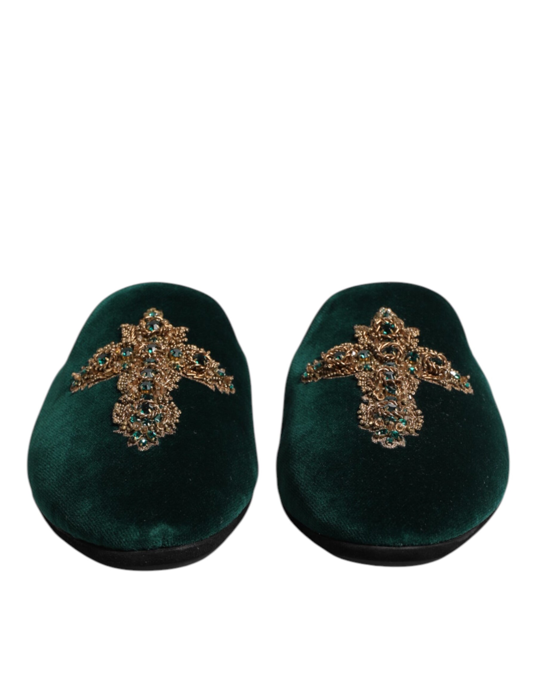 Dolce & Gabbana Green Velvet Cross Embellished Slippers Shoes | Regal Royce