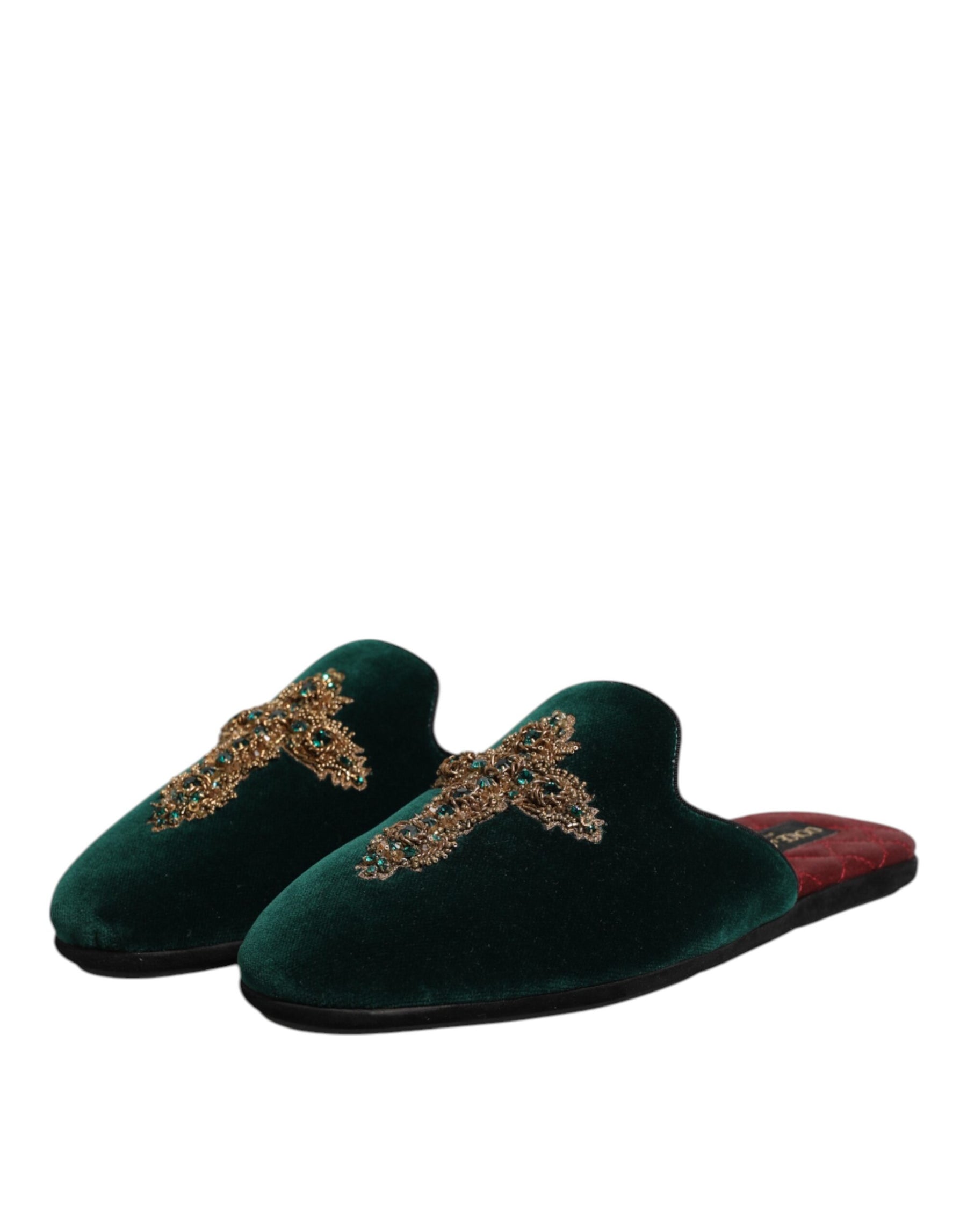 Dolce & Gabbana Green Velvet Cross Embellished Slippers Shoes | Regal Royce