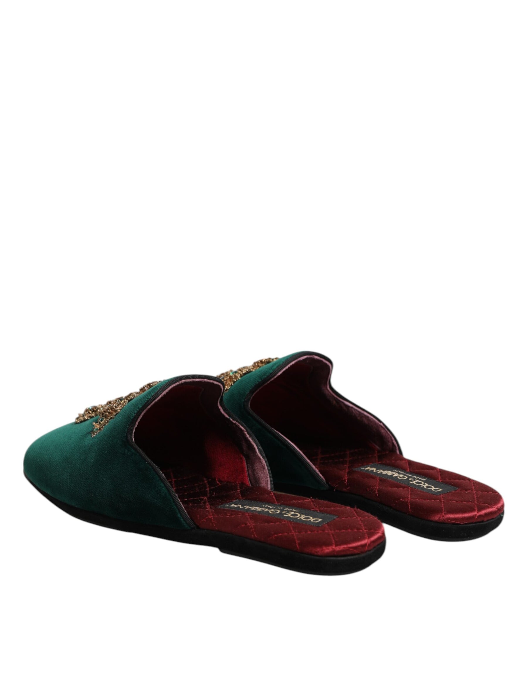Dolce & Gabbana Green Velvet Cross Embellished Slippers Shoes | Regal Royce