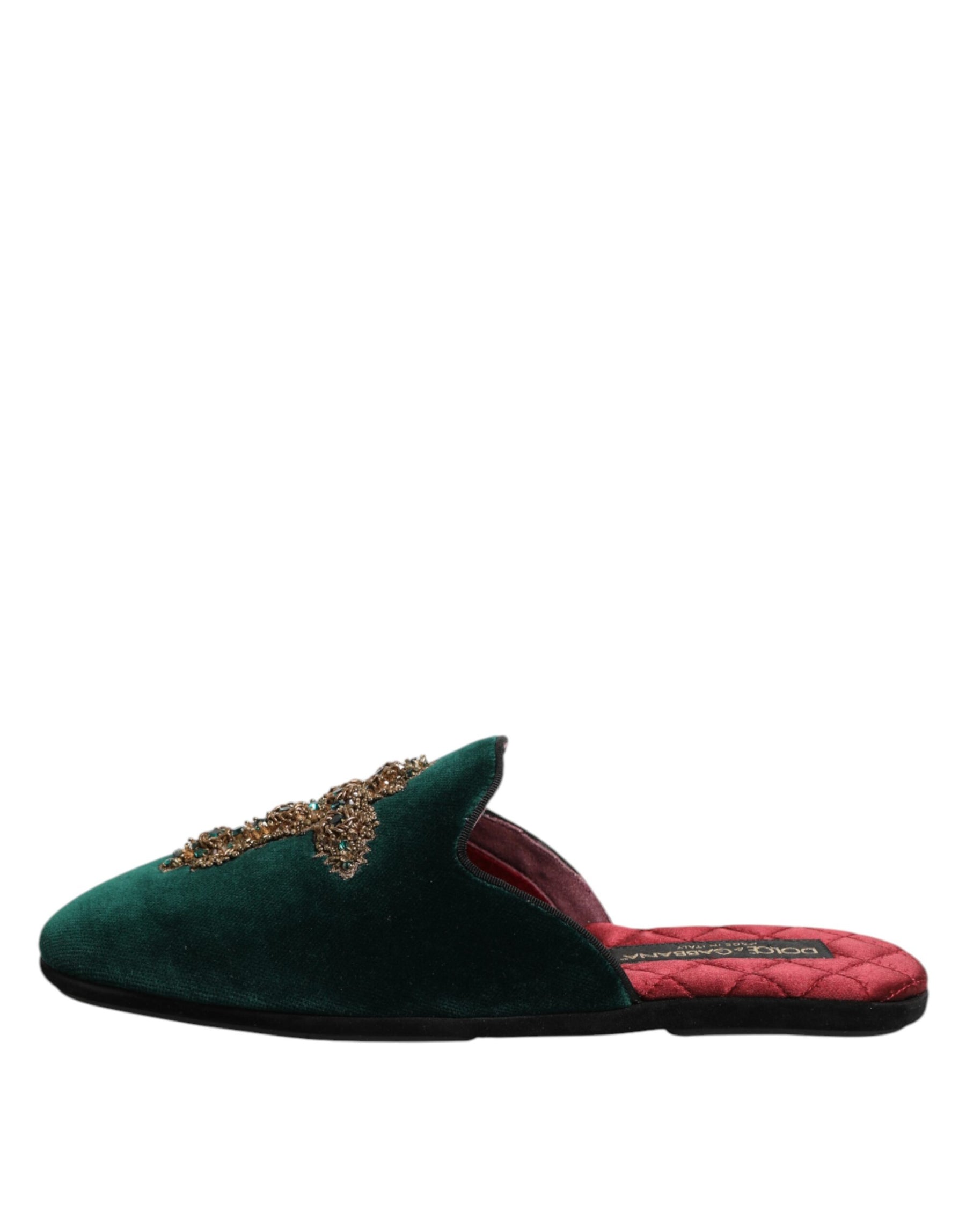 Dolce & Gabbana Green Velvet Cross Embellished Slippers Shoes | Regal Royce