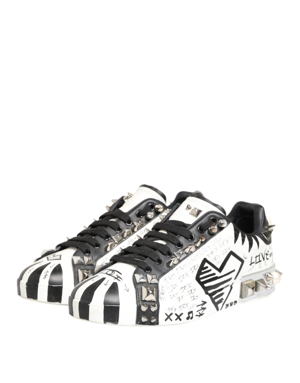 Dolce & Gabbana White Studded Printed Low Top Sneakers Shoes