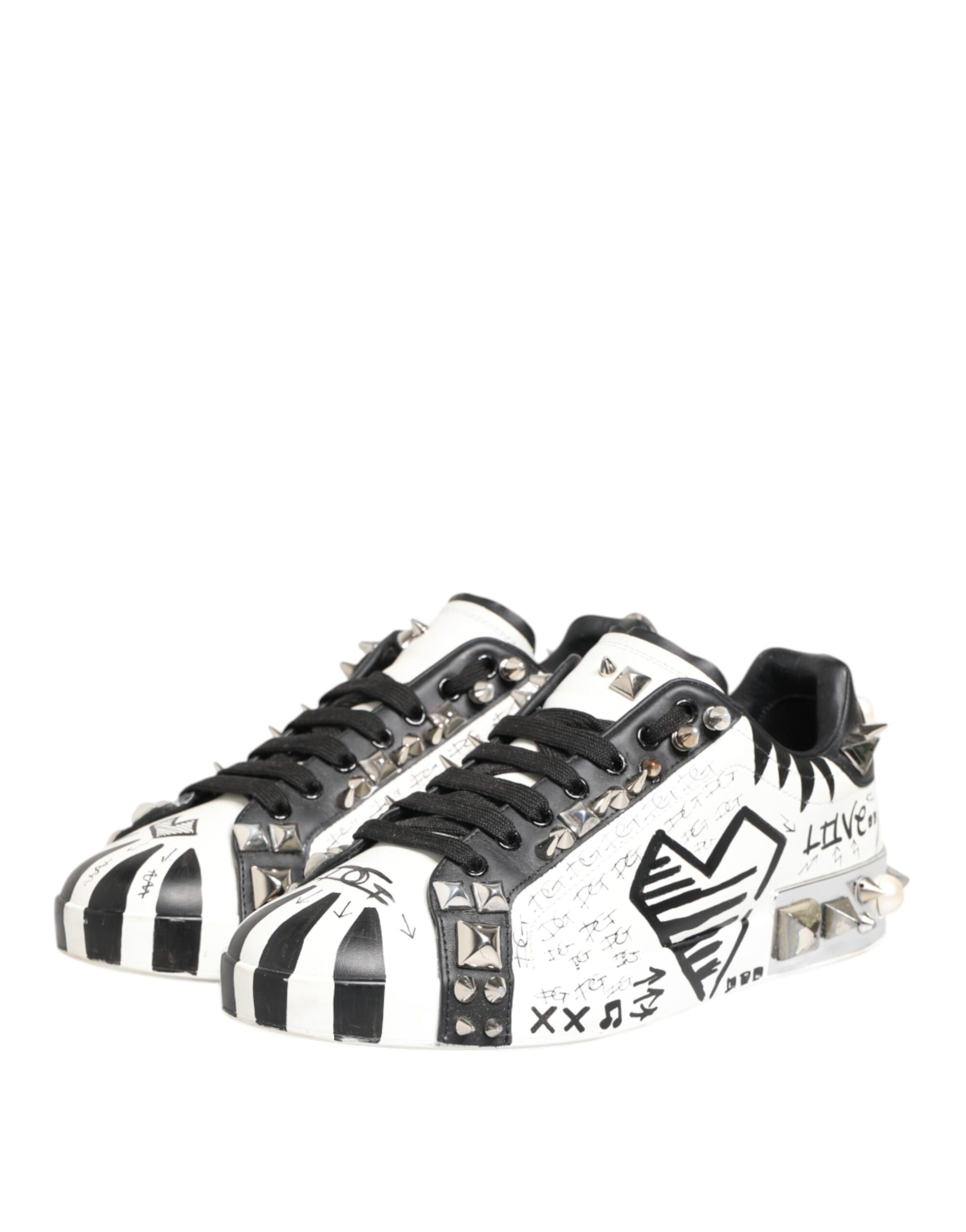 Dolce & Gabbana White Studded Printed Low Top Sneakers Shoes | Regal Royce