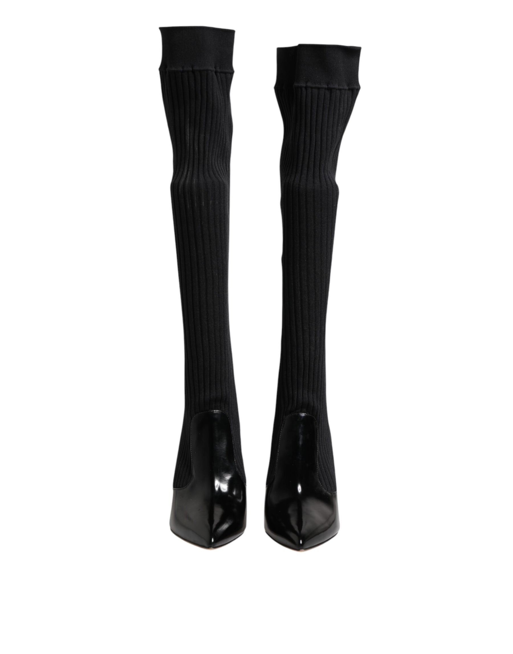 Dolce & Gabbana Black Leather Ribbed Knit Knee Boots Shoes | Regal Royce