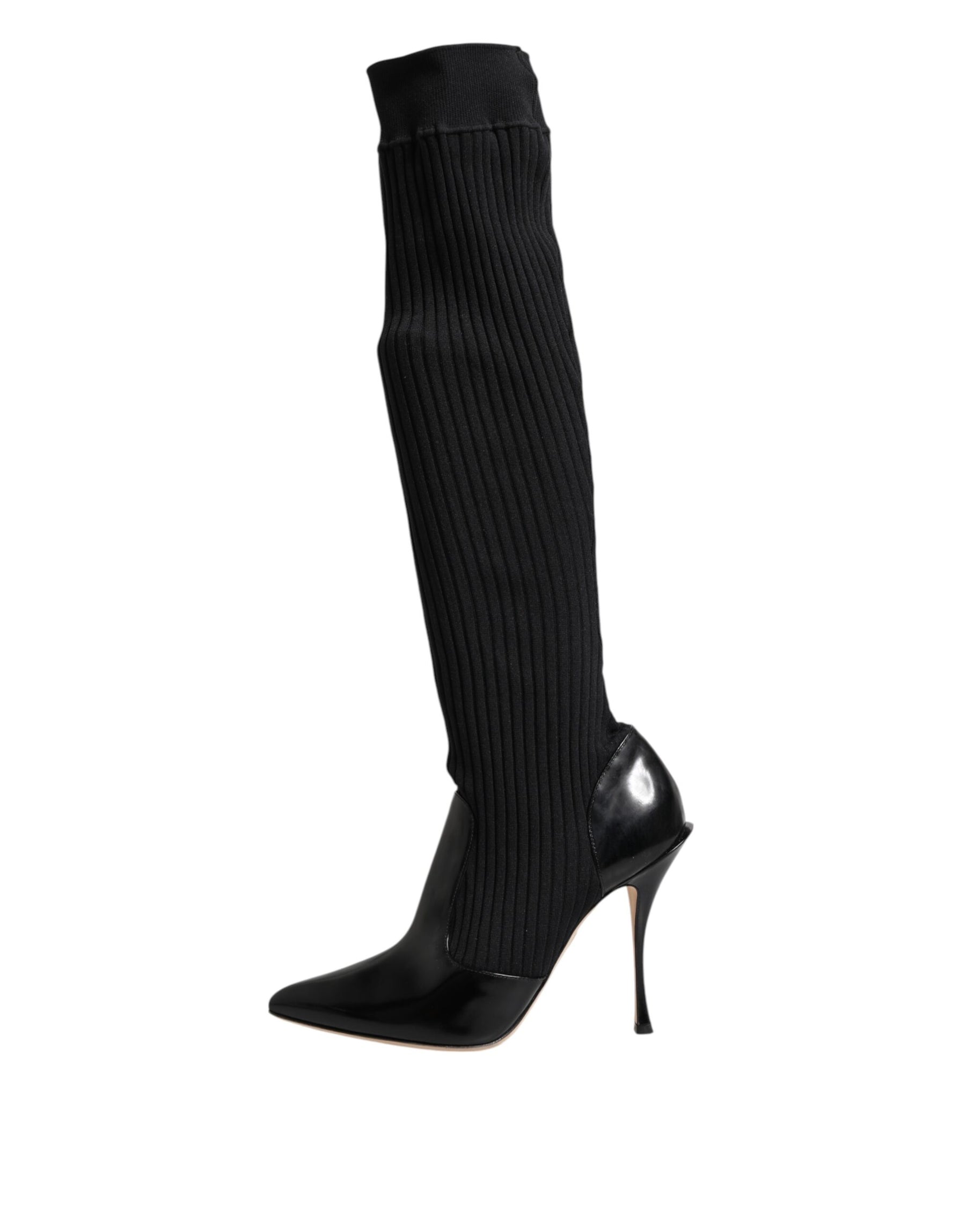 Dolce & Gabbana Black Leather Ribbed Knit Knee Boots Shoes | Regal Royce