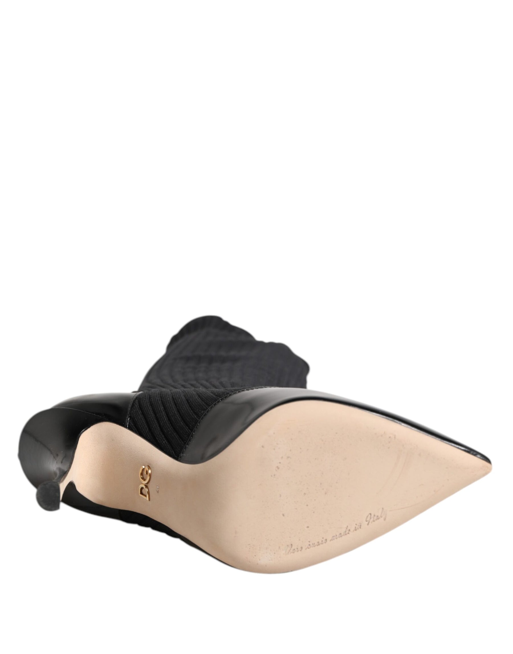 Dolce & Gabbana Black Leather Ribbed Knit Knee Boots Shoes | Regal Royce