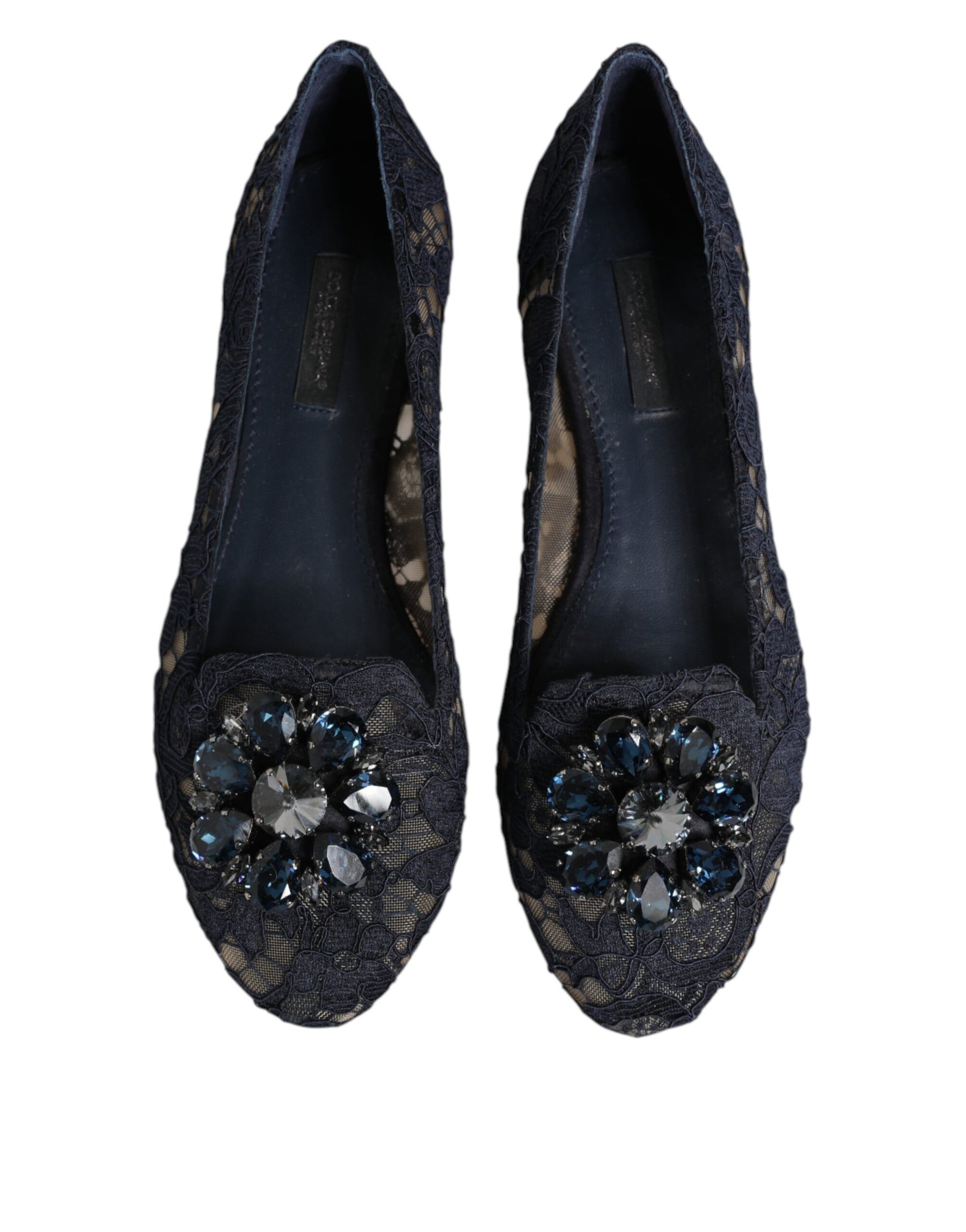 Dolce & Gabbana Blue Taormina Lace Crystals Flats Shoes | Regal Royce