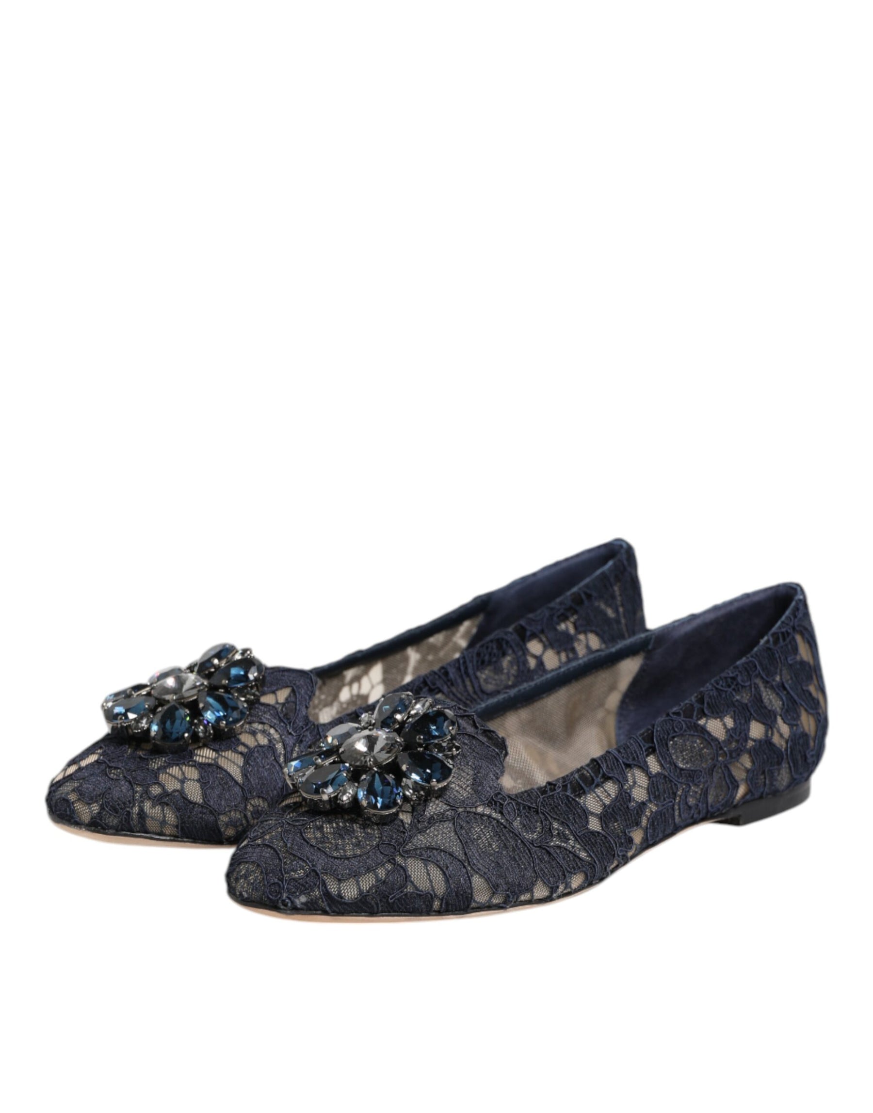 Dolce & Gabbana Blue Taormina Lace Crystals Flats Shoes | Regal Royce