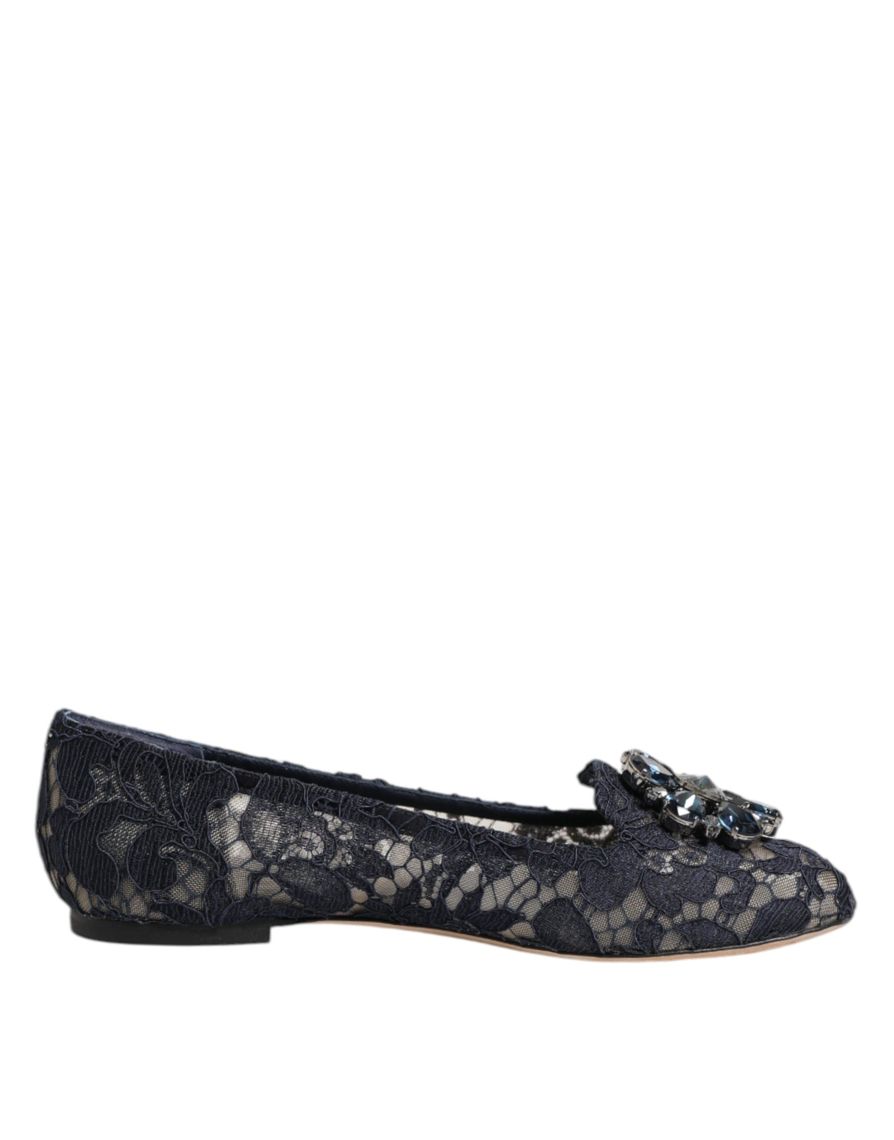 Dolce & Gabbana Blue Taormina Lace Crystals Flats Shoes | Regal Royce