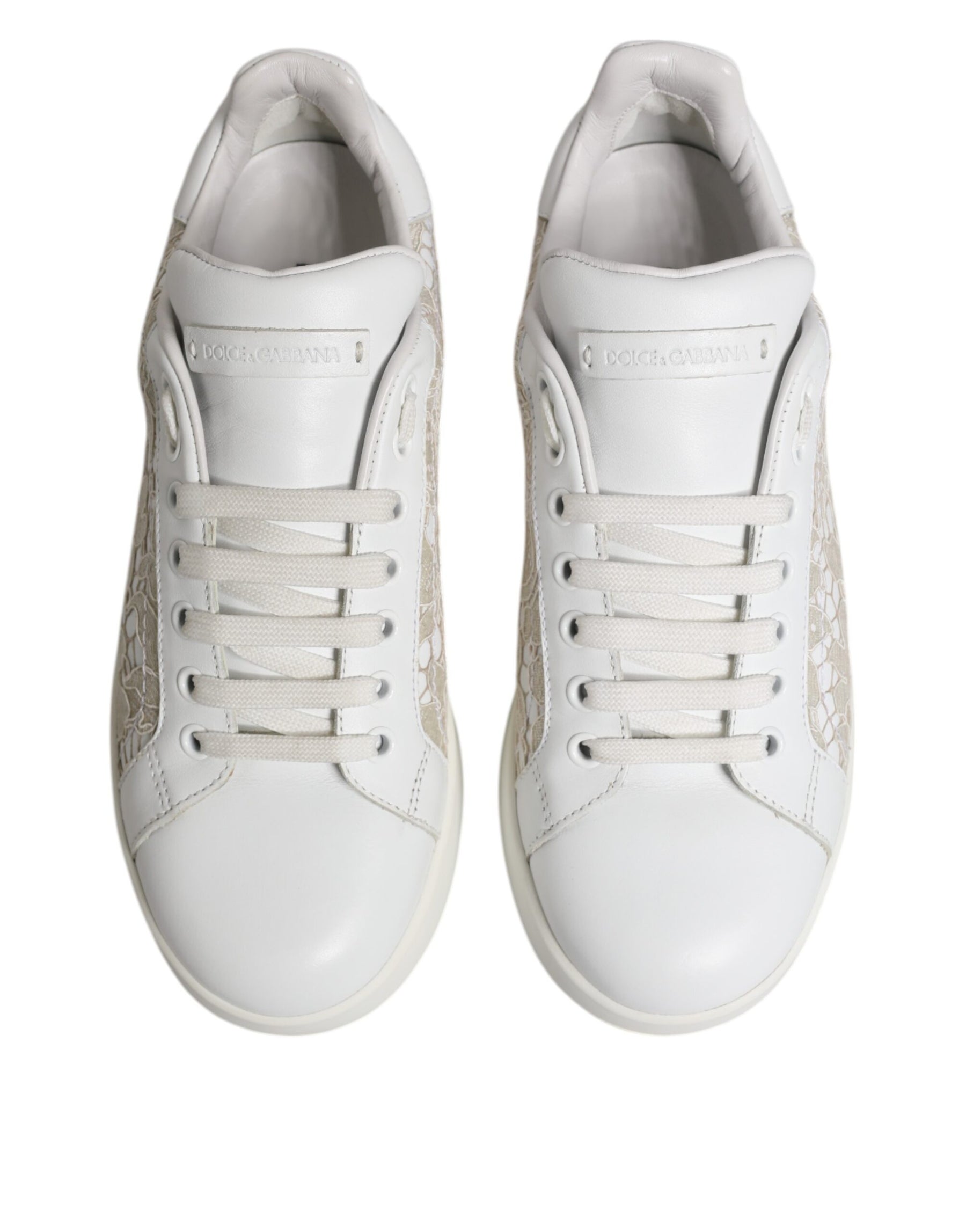 Dolce & Gabbana White Lace Leather Low Top Sneaker Shoes | Regal Royce