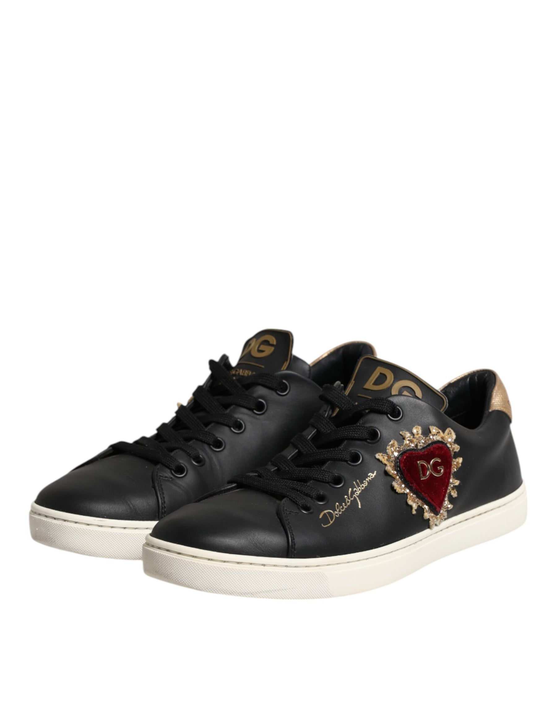 Dolce & Gabbana Black Leather Sacred Heart Sneakers Shoes | Regal Royce
