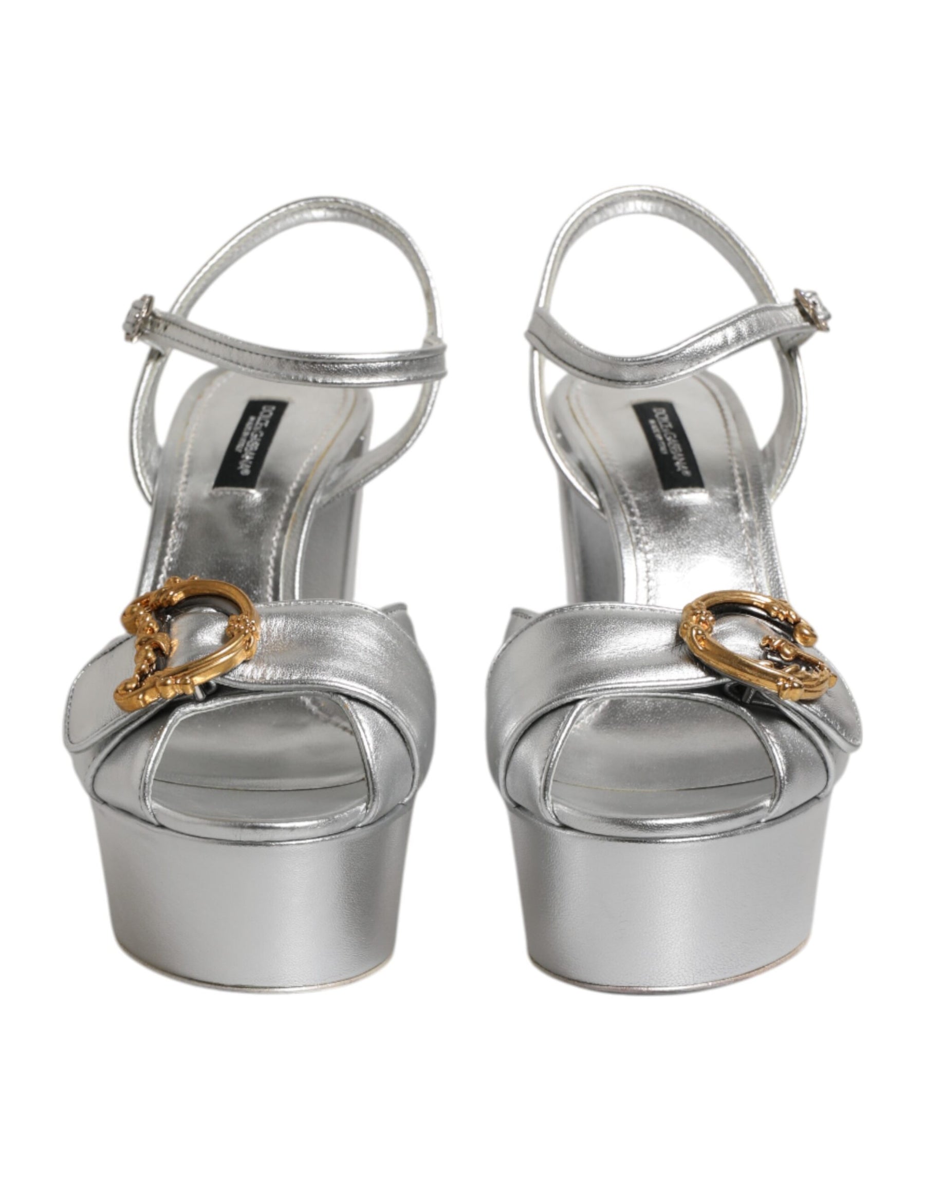 Dolce & Gabbana Silver Logo Ankle Strap Heels Sandals Shoes | Regal Royce
