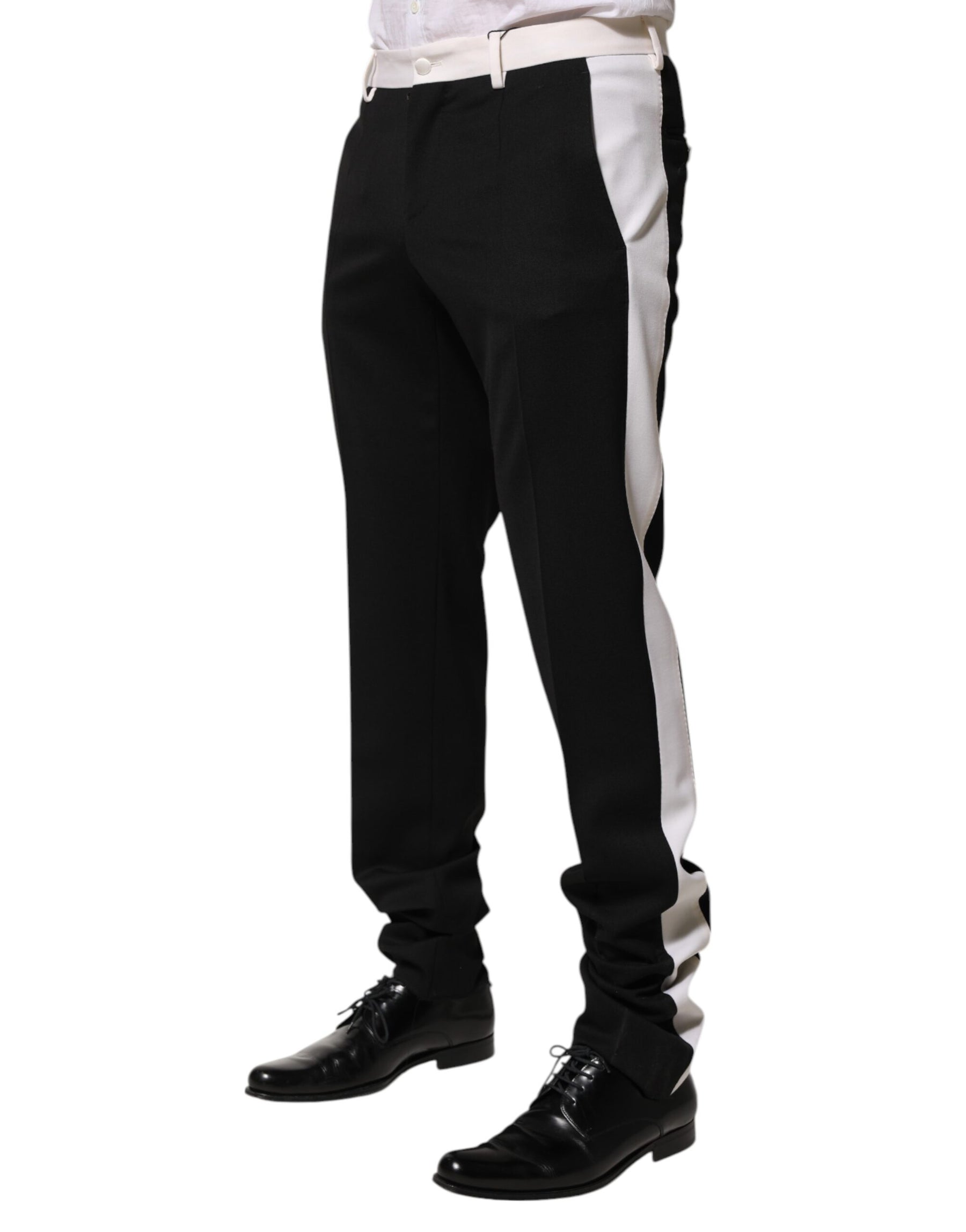 Dolce & Gabbana Black White Stripe Wool Men Trouser Pants | Regal Royce