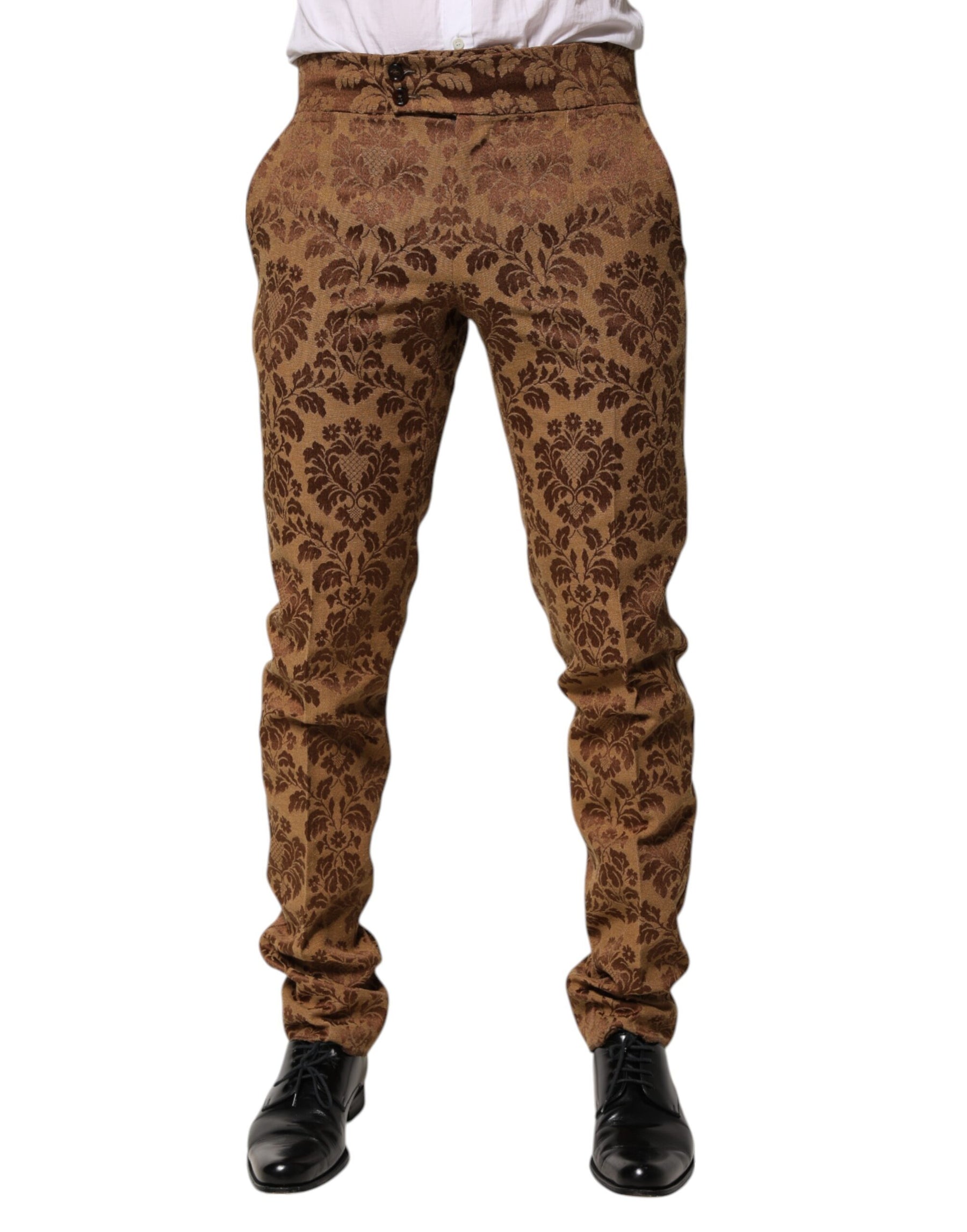 Dolce & Gabbana Brown Floral Jacquard Men Skinny Trouser Pants | Regal Royce