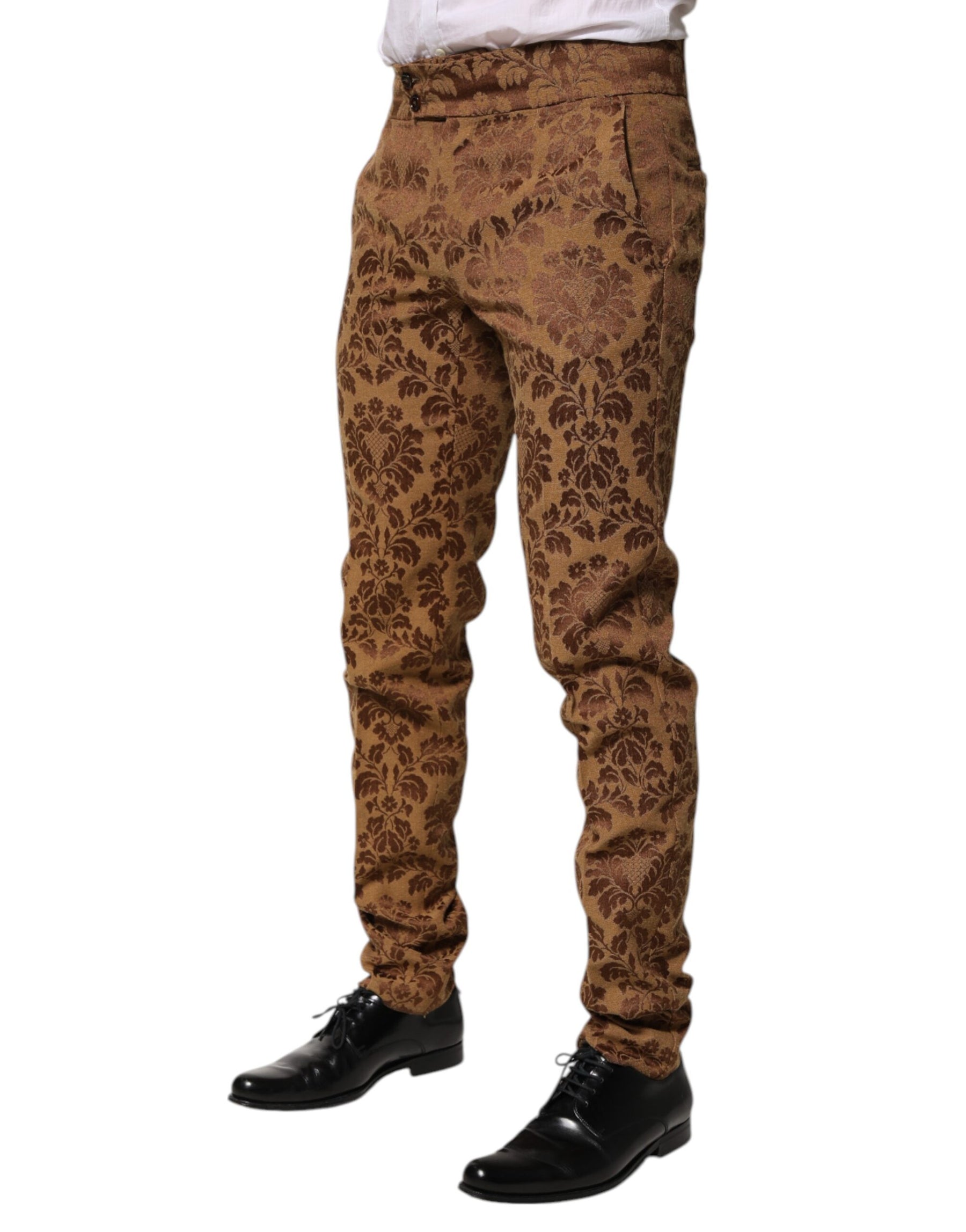 Dolce & Gabbana Brown Floral Jacquard Men Skinny Trouser Pants | Regal Royce