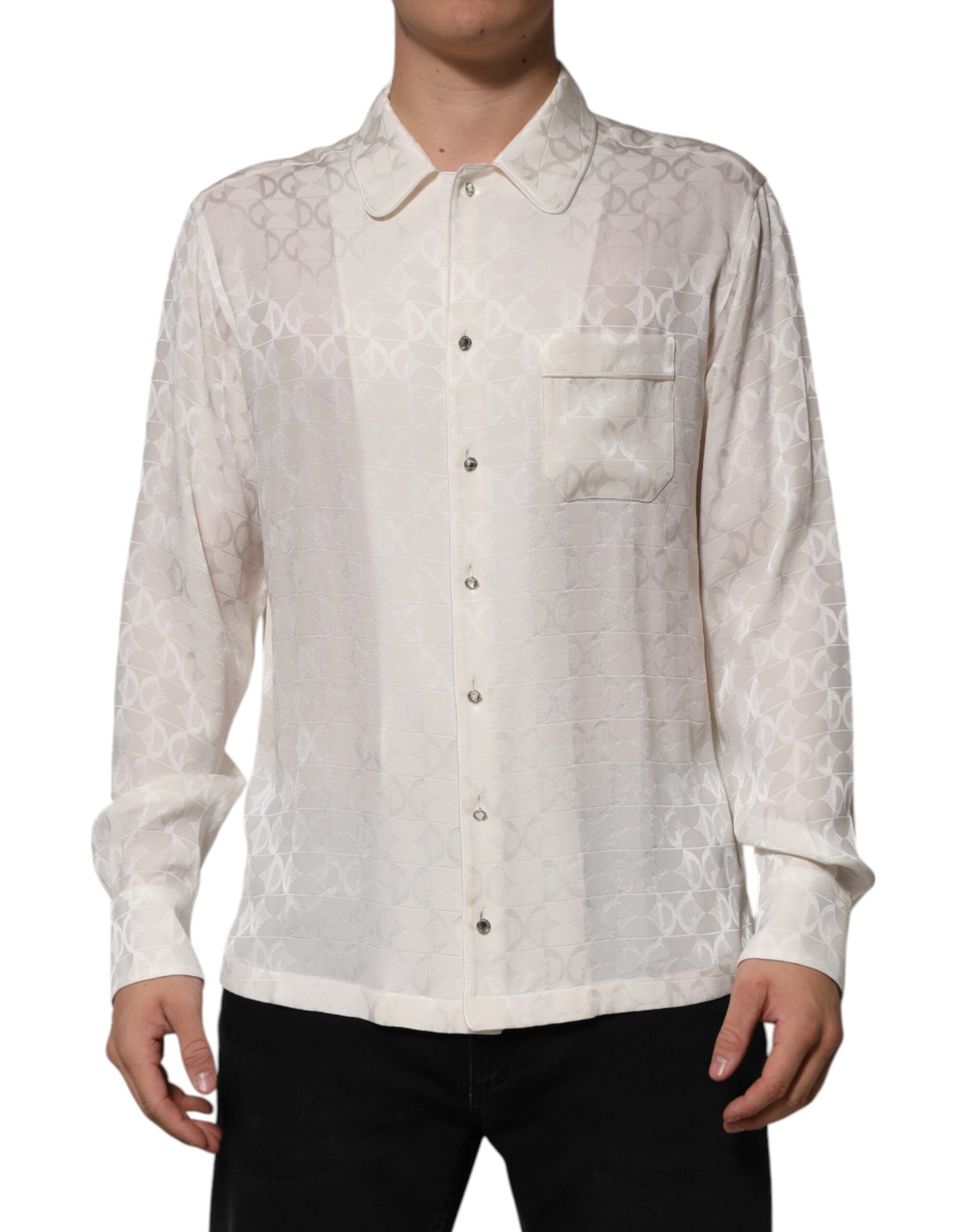 Dolce & Gabbana White Silk DG Logo Print Long Sleeves Shirt | Regal Royce